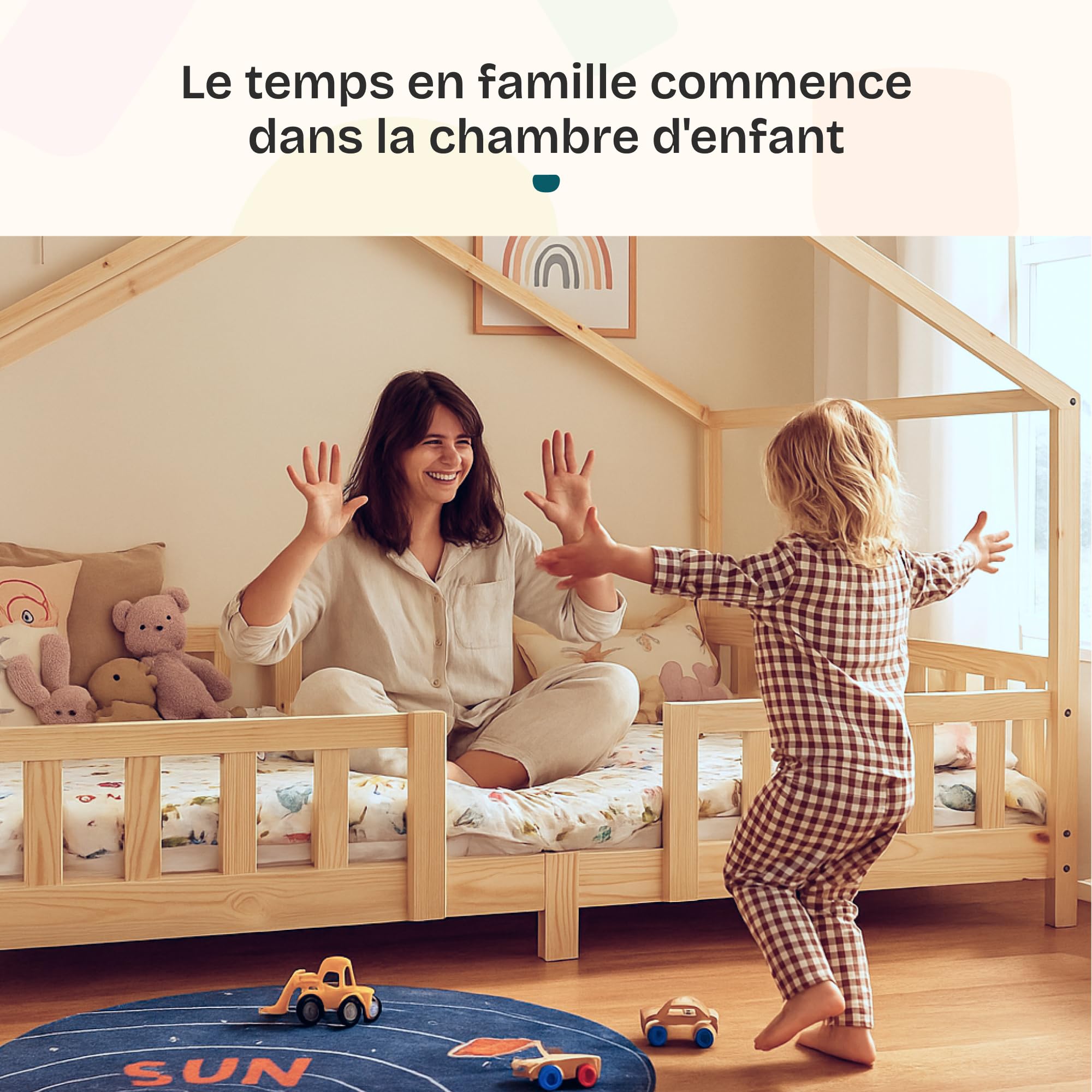 [en.casa] Lit d'enfant Cabane Treviolo 70 x 140 cm Lit Montessori en Forme de Maison avec Barrière et Sommier à Lattes Solide Style Scandinave Capacité de Charge 70 kg Bois de Pin Naturel