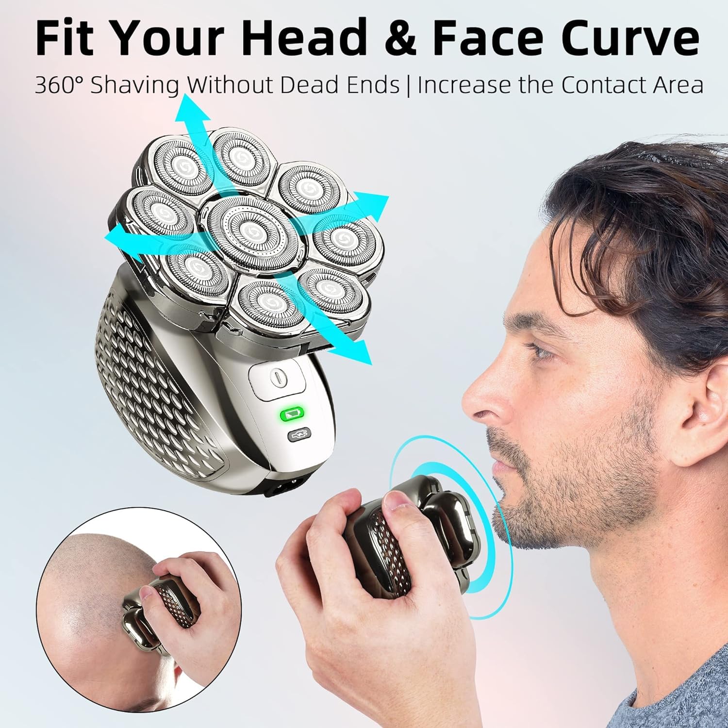 Head Shavers for Men,Upgrade 9D Electric Shavers Men 6-in-1 Bald Head Shaver,IPX6 Waterproof Shavers for Men Cordless Rechargeable Wet&Dry Rotary Razors Grooming Kit with Beard Clippers Nose Trimmer - Image 2
