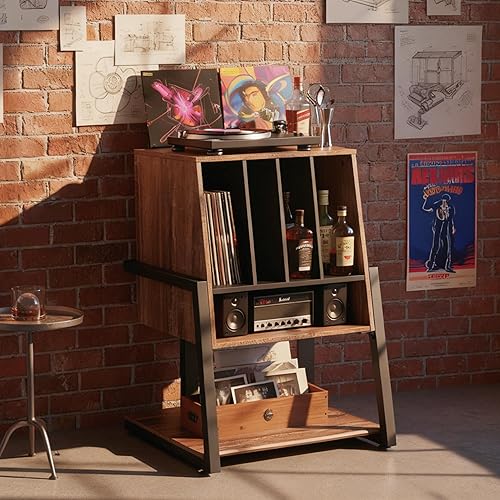 Miniatura 8 de FITUEYES Armario de bar de diseño con soporte giratorio, gabinete de barra de registro vintage, almacenamiento de vinilo y exhibición de vino, grano