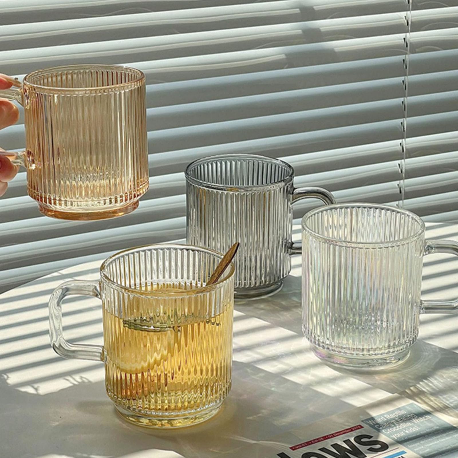 Paquete de 6 Tazas de café de Vidrio de 340 ml, Tazas de té clásicas con Rayas Verticales y asa, Ideales para Bebidas frías y Calientes.