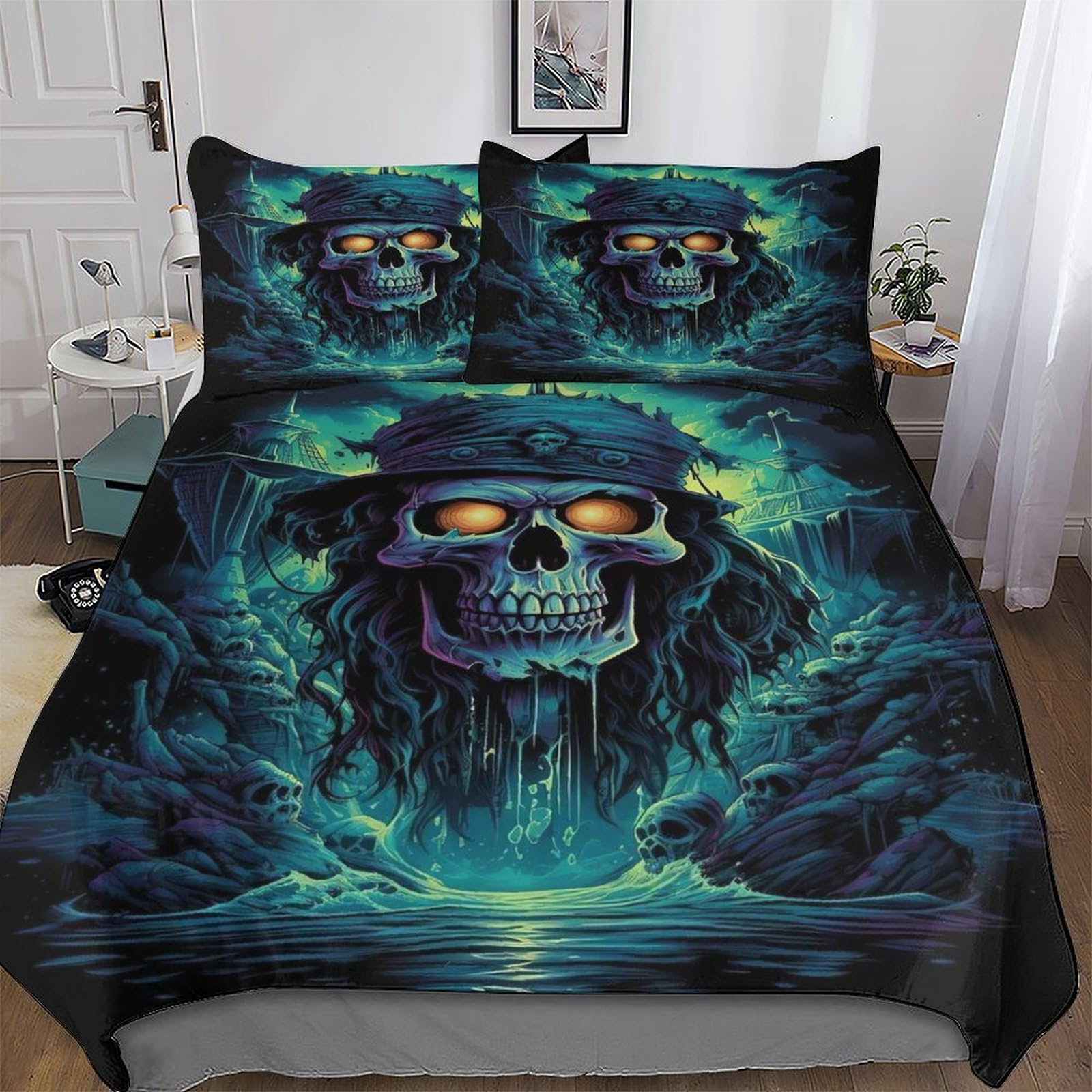 Housse de couette crâne 220x240 cm avec taies en microfibre