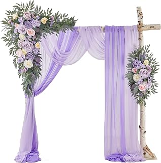 WEDFLOR Wedding Arch Flowers with Drapes Kit (Pack of 4) - 2pcs Artificial Lilac Deluxe Swag with 2pcs Sheer Drapes for Wedding Ceremony Arbor Reception Backdrop Rose Floral Decoration