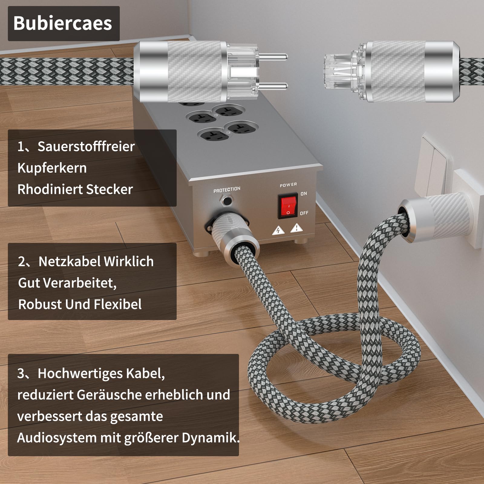 High End Netzkabel, HiFi Stromkabel, 2 polig OFC AC Audiophil Kaltgerätekabel, EU Schuko+IEC C15 Buchsestecker für DVD/Verstärker/Decoder/Subwoofer/AMP-2M