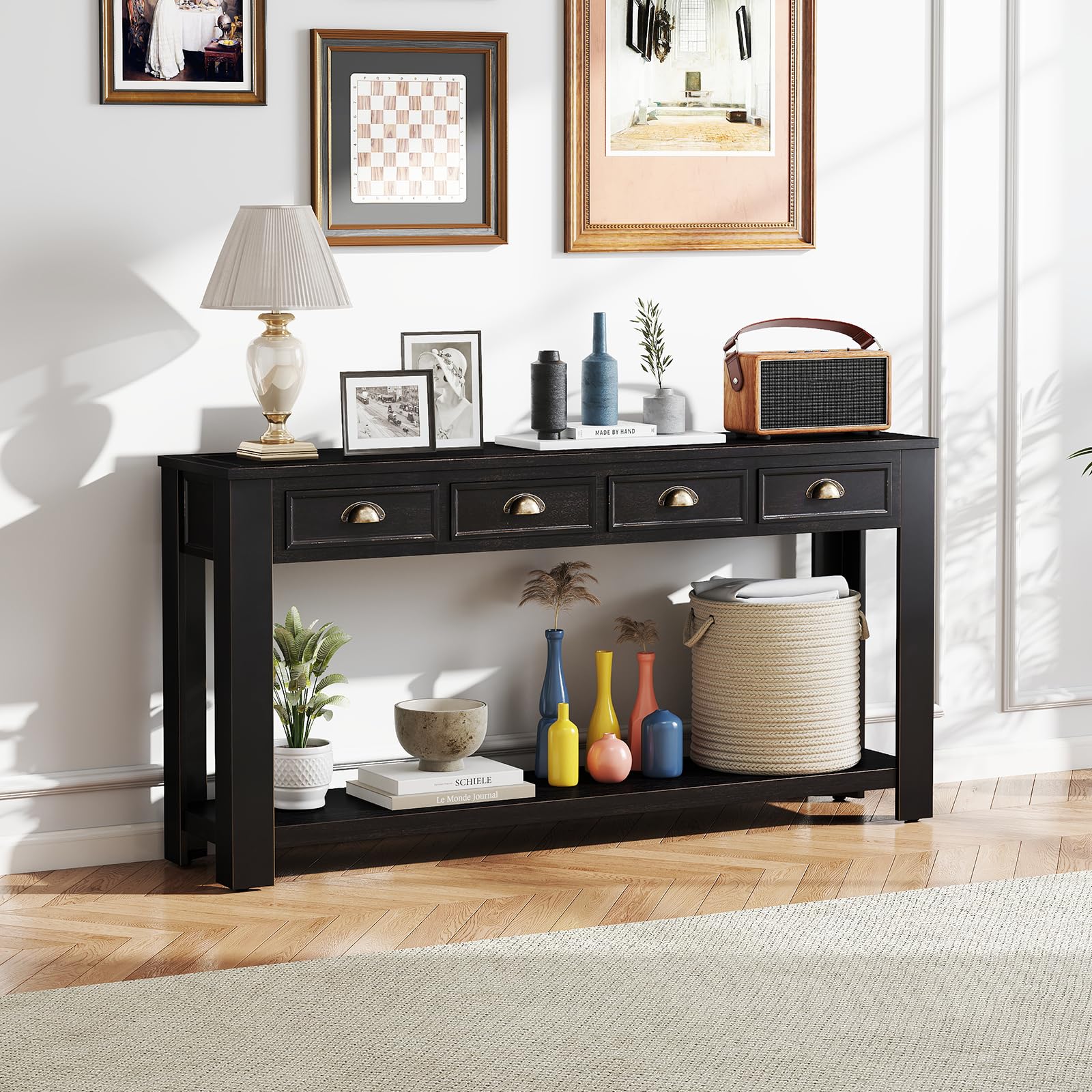 Console Table for Entryway, 60 Inch Sofa Table Narrow Long Hallway Table, ConsoleTable w/4 Drawers and Bottom Shelf for Living Room Entryway Home,Kitchen Counter,Black
