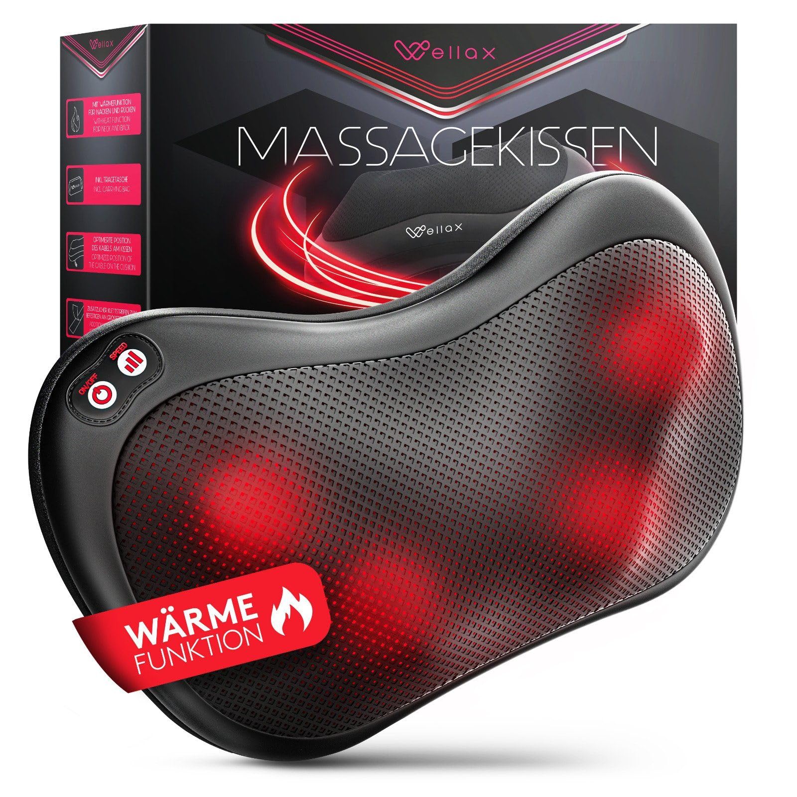 Wellax Relaxing Massage Pillow with Heat Function and 360° Rotation, Shiatsu with 3 Speeds for Shoulder and Back, Includes Extension Belt, Neck Massage Black