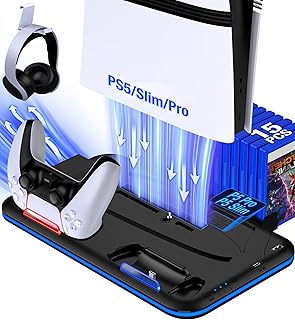 PS5/Slim/Pro Stand and Cooling Station with Controller Charging Station for PlayStation 5 Slim/Pro Console, PS5 Controller Charger, Cooling Stand, LED Light, Headset Holder for PS5 Accessories