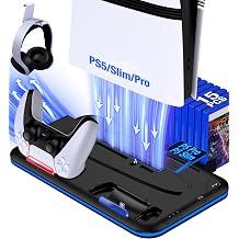 PS5/Slim/Pro Stand and Cooling Station with Controller Charging Station for PlayStation 5 Slim/Pro Console PS5 Controller Charger Cooling Stand LED Lights Headset Holder for PS5 Accessories