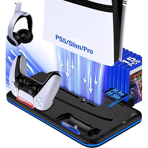PS5/Slim/Pro Stand and Cooling Station with Controller Charging Station for PlayStation 5 Slim/Pro Console, PS5 Controller Charger, Cooling Stand, LED Light, Headset Holder for PS5 Accessories