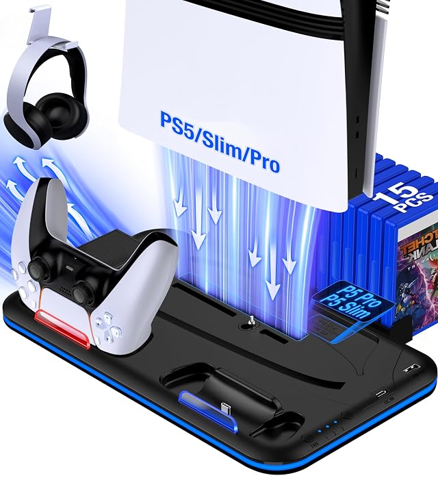 PS5 Slim Pro Stand and Cooling Station with Controller Charging Station for PlayStation 5 Slim Pro Console PS5