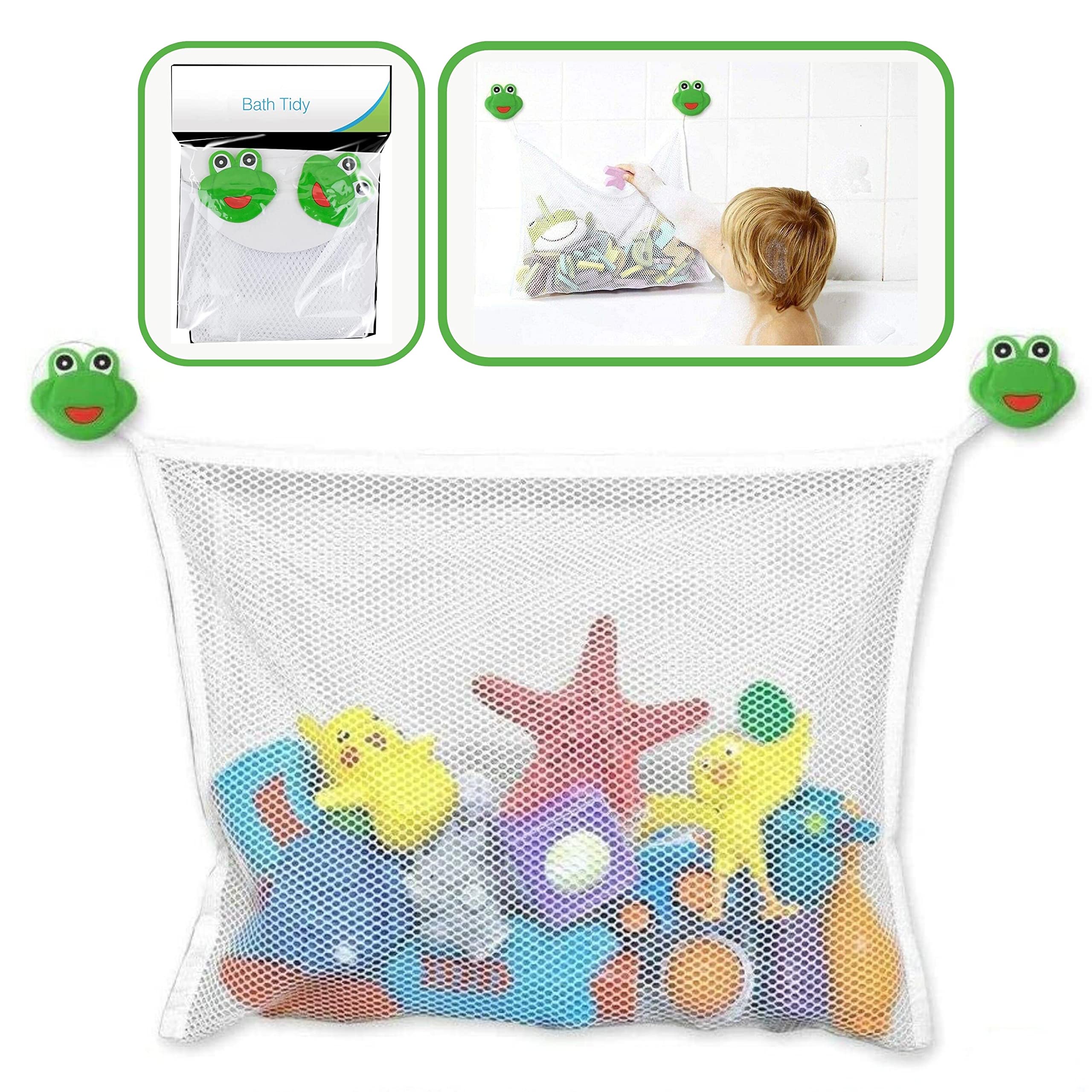 Srvertex Multicolor Srv Hub Frog Baby Bath Toy Tidy, White Polyester And Rubber Mesh Net Pouch With Suction Cups, 45Cm X 35Cm