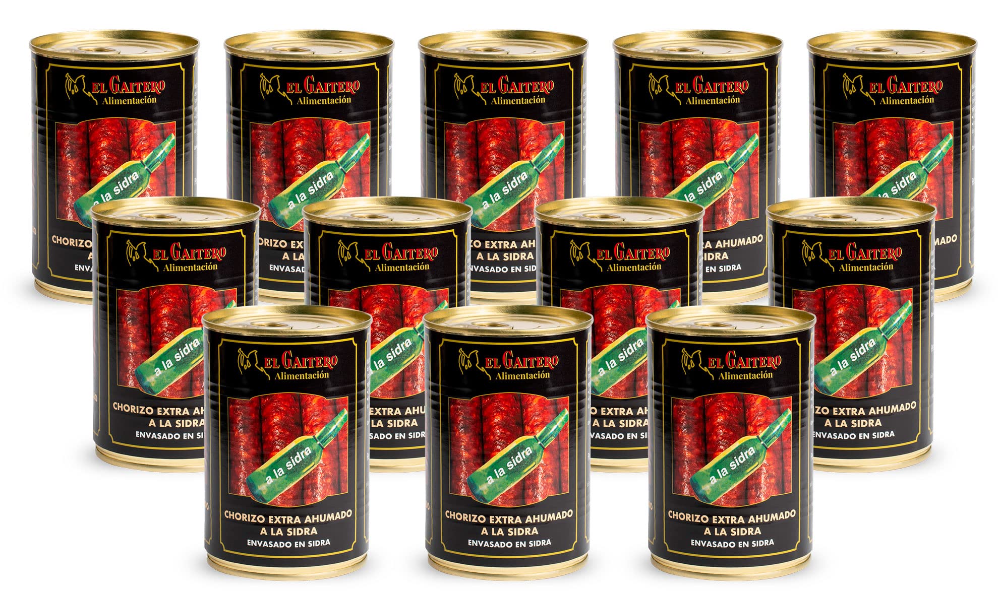 El Gaitero - Chorizo a la Sidra Extra Ahumado | Enlatado con Sidra Natural | Preparación Rápida al Baño María o Microondas | 12 Latas de 410g