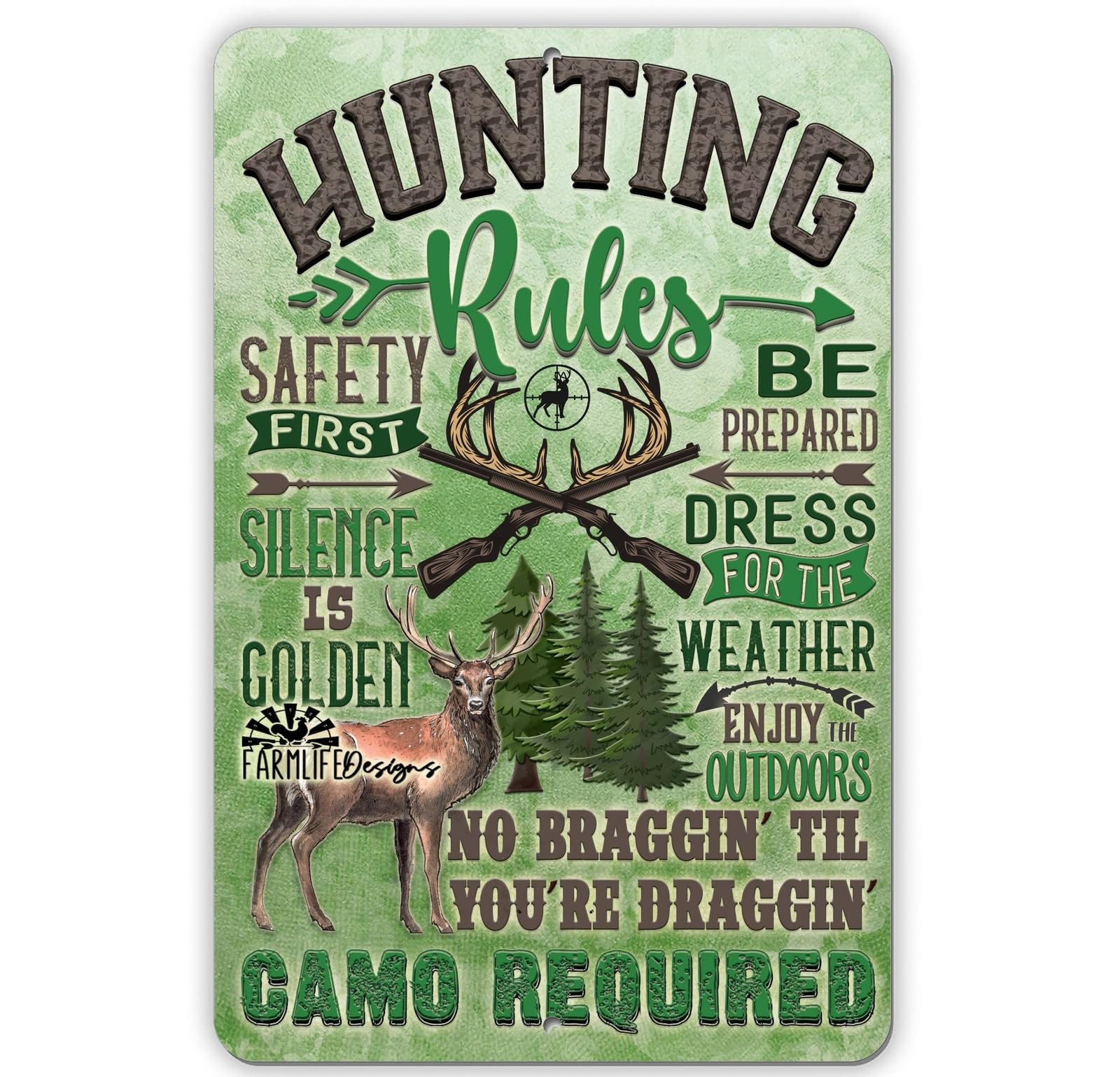 Hunting Rules Sign | Camo Required, Deer Hunter, Safety First 8x12 mancave sign home decor