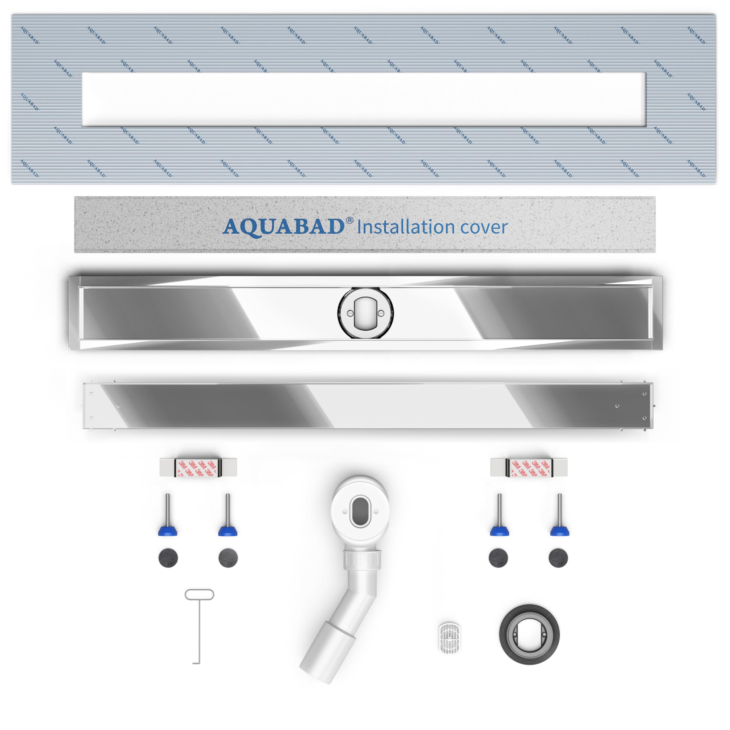 SET completo - Canalina Doccia lucida 120 cm AQUABAD® SDS Premium in acciaio inox, incluso il setaccio per capelli, Domoplex l'uscita orizzontale, il coperchio piastrellabile e il set di base