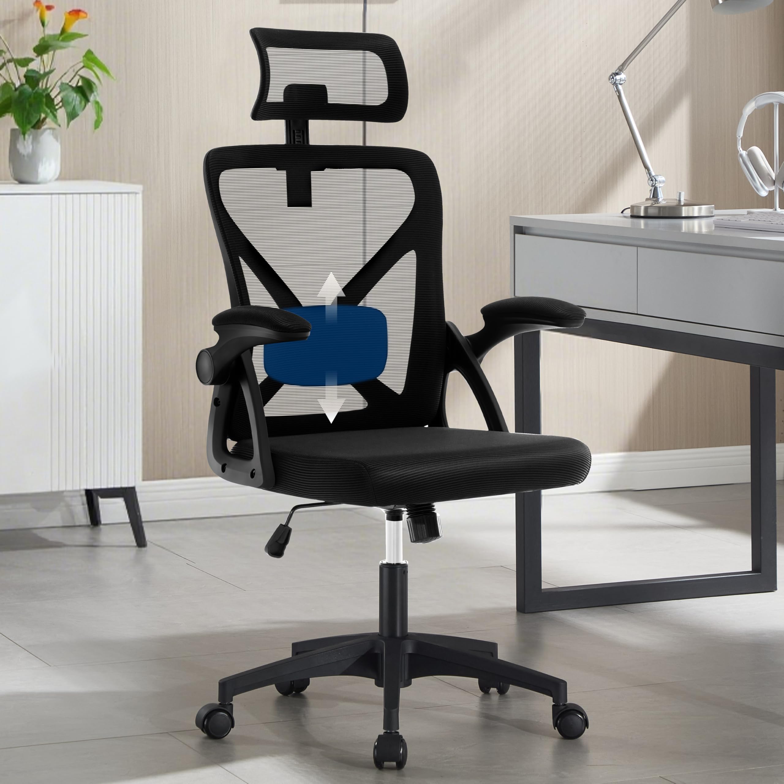 Fizzin Bürostuhl Ergonomischer Wippfunktion bis 125°,180kg | Schreibtischstuhl mit verstellbare Kopfstütze,Armlehnen & Lendenstütze Chefsessel Mesh für Büro, Gaming & Homeoffice, Schwarz
