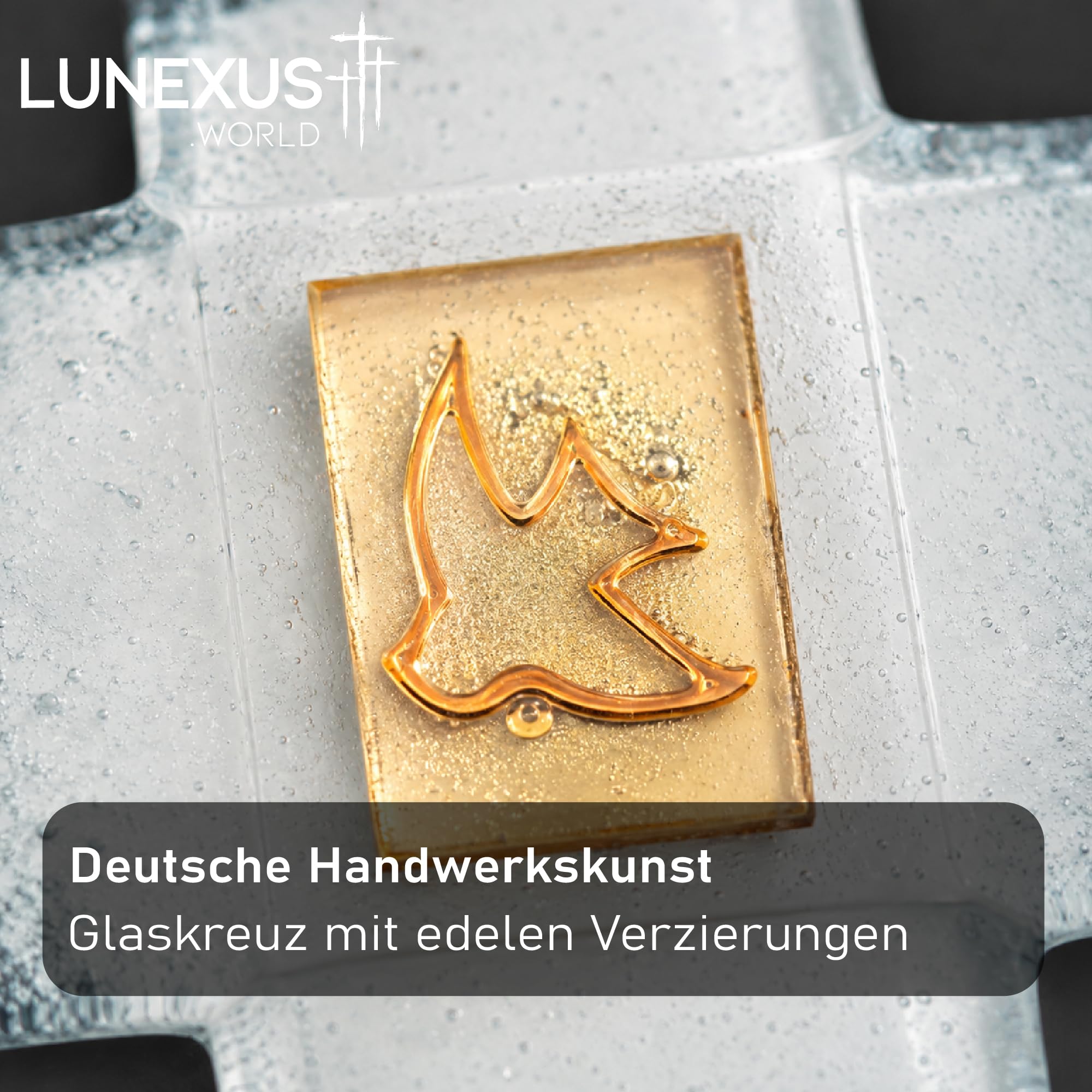 Lunexus Szklany krzyż 21 cm szklany krzyż ścienny z gołębem, prezent na chrzest, krzyż, na komunię, bierzmowanie, krzyż religijny, ręcznie wykonany, dekoracyjny krzyż katolicki, prezent dla