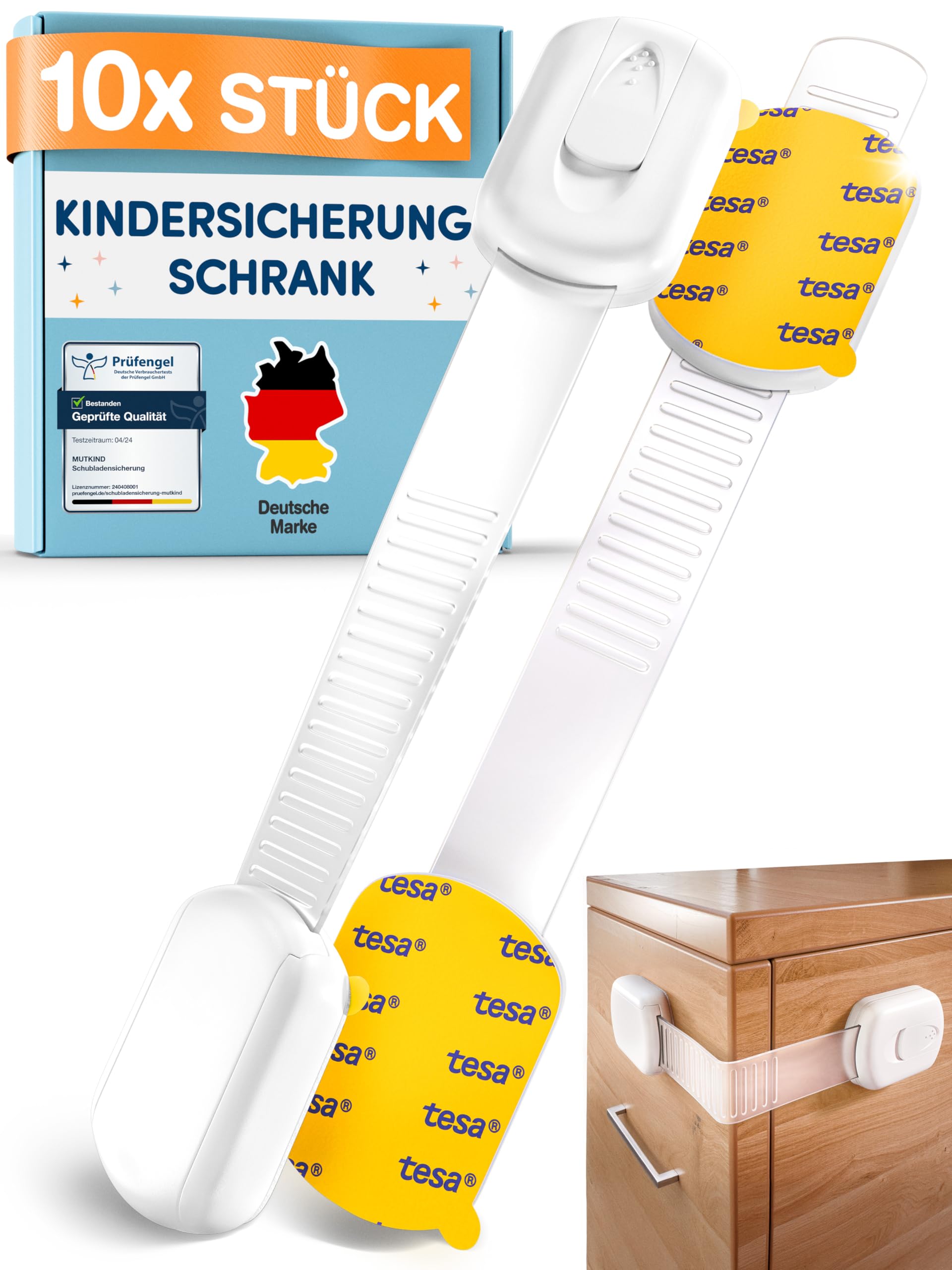 MUTKIND 10 Stück Kindersicherung Schrank - (Mit Kleber von TESA) Schranksicherung Baby - Längenverstellbar - Schubladensicherung Baby für Schränke, Kühlschrank, Tür - Kindersicherung Schubladen Weiß