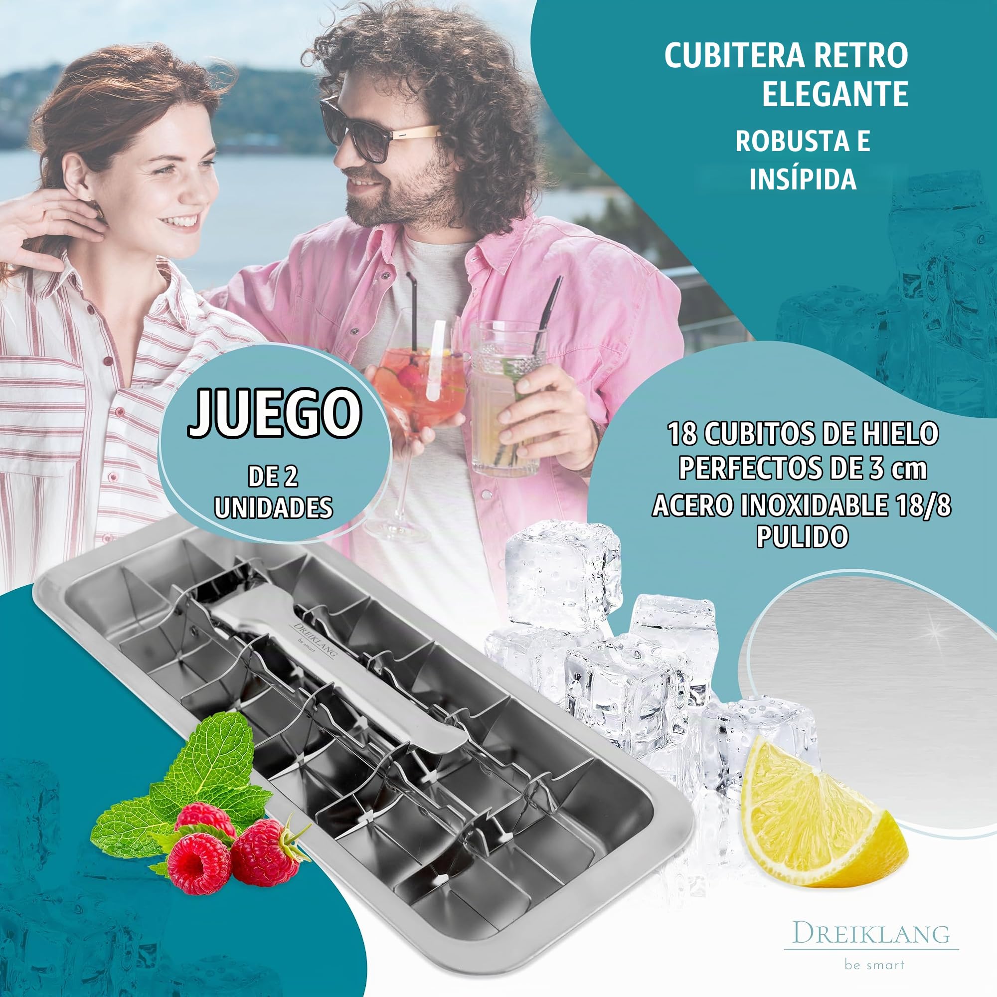 Dreiklang - be smart Cubitera Acero Inoxidable Set de 2 18/8 pulido con Palanca – Molde Hielo sin plástico & alimentario para 36 cubitos Ice Cube