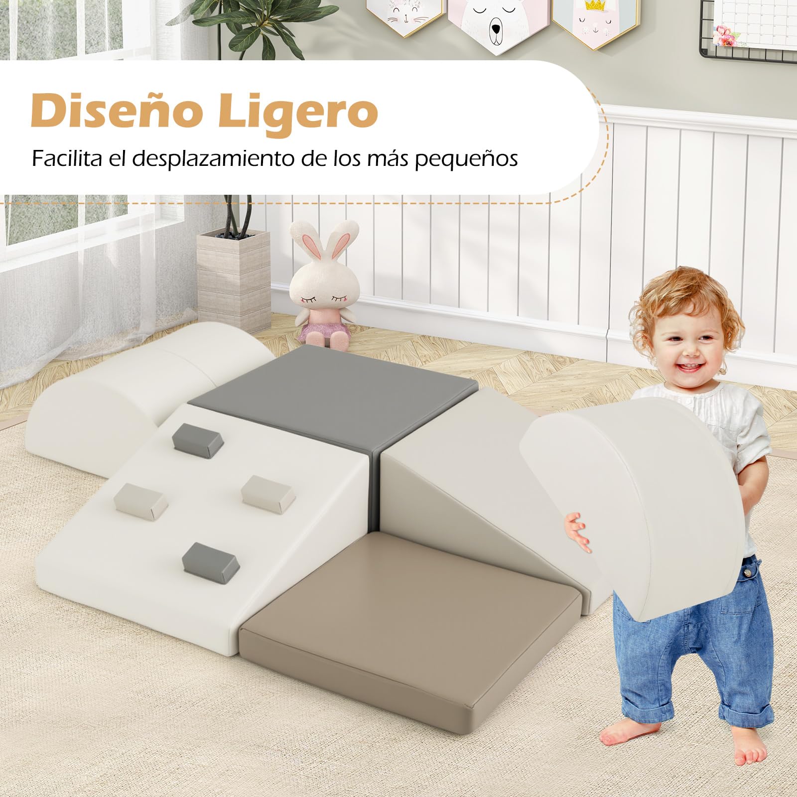 COSTWAY Juego de 6 Bloques de Espuma para Niños, Set de Escalada Suave Ligero para Interior Infantil para Escalar, Juego de Trepar y Gatear, Regalo para Bebés y Niños de 1+ Años (Blanco y Gris)