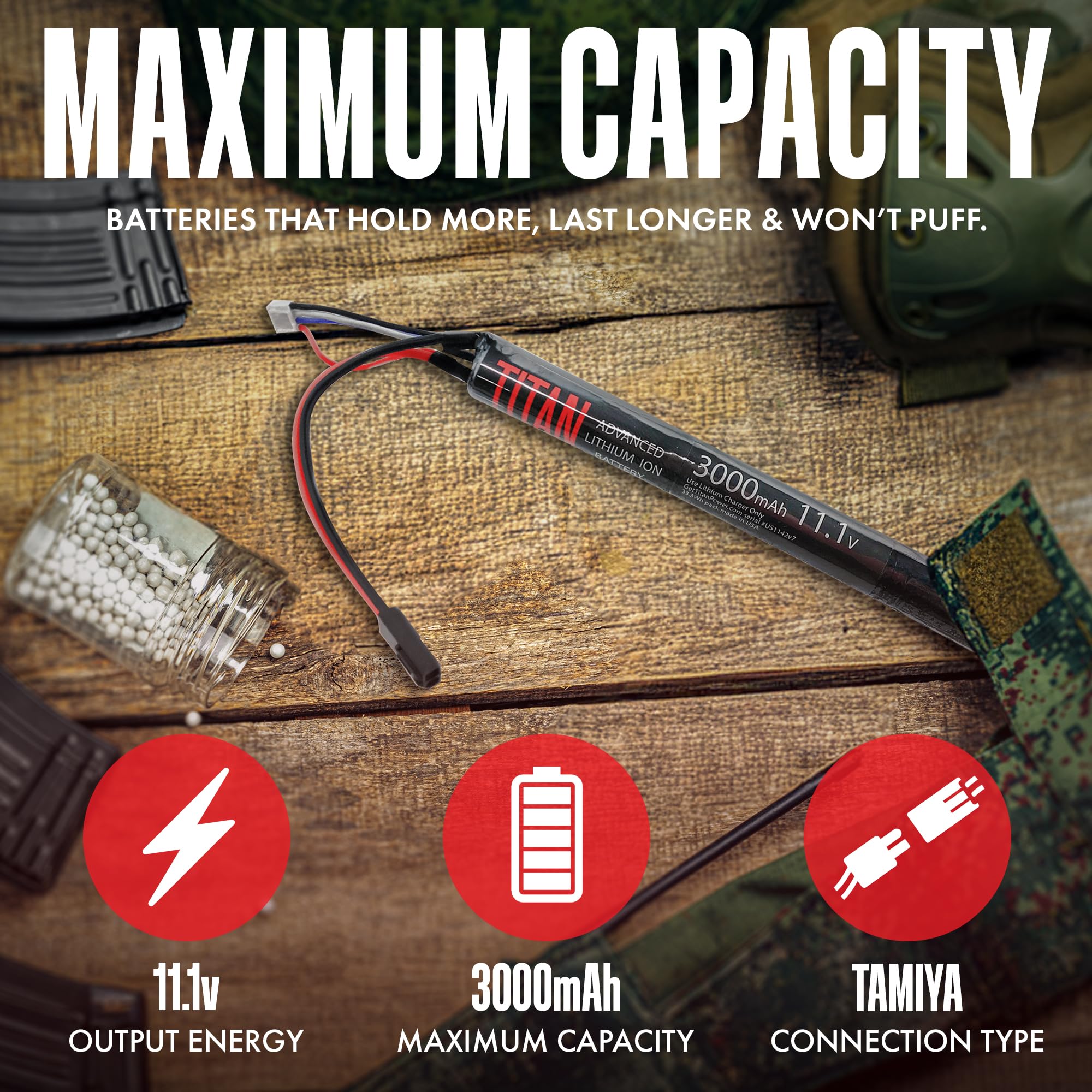 Titan - Batería de iones de litio para Airsoft, batería de 11,1 V, 3000 mAh, 11,1 V, enchufe Tamiya de máxima capacidad y rendimiento, batería de pistola de aire comprimido de 11,1 voltios