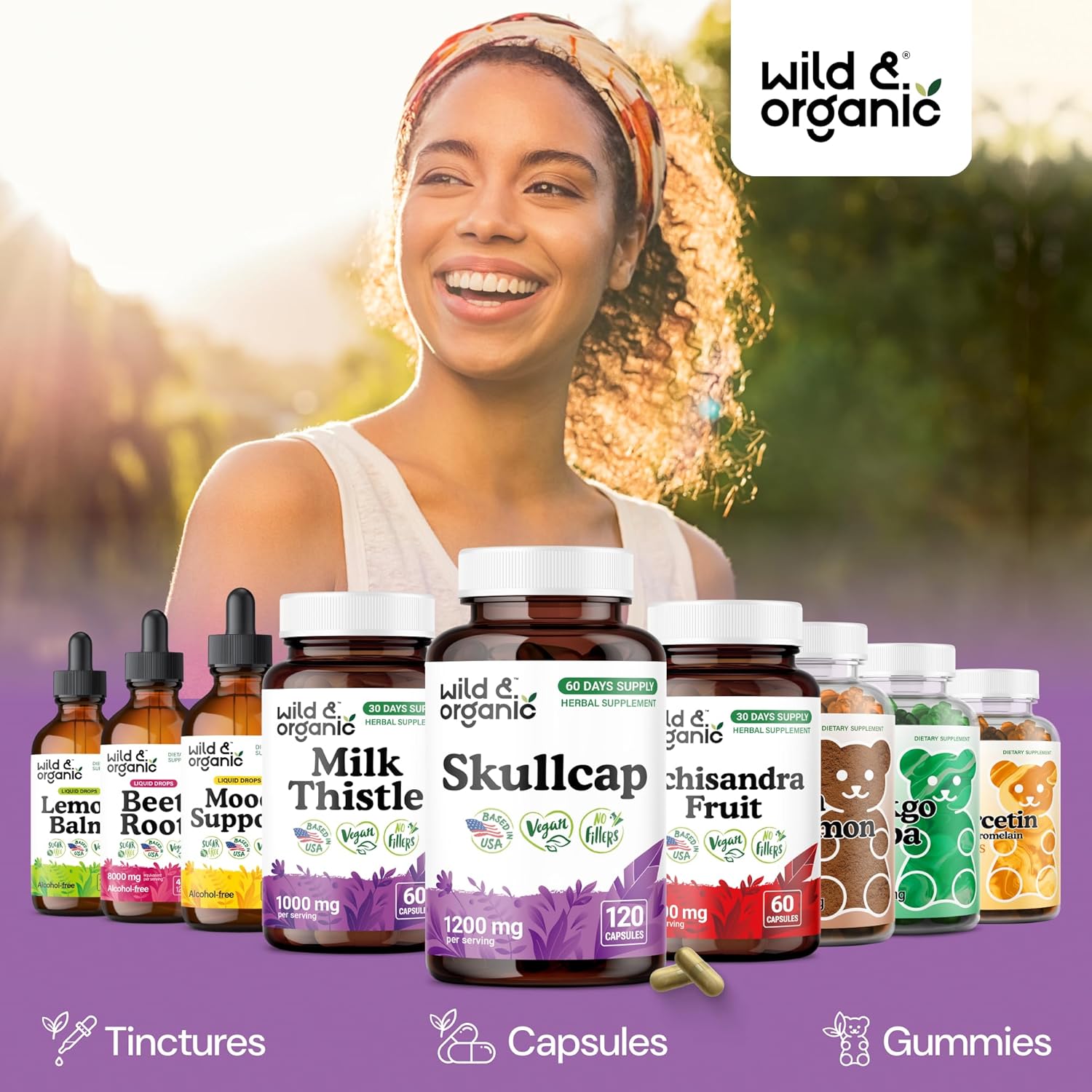 Wild & Organic Skullcap Herb Capsules 1200 mg - Calming Skullcap Supplement - 120 Capsules - Scutellaria Lateriflora Leaf Extract - 2-Month Supply - Vegan, No Fillers, Non-GMO
