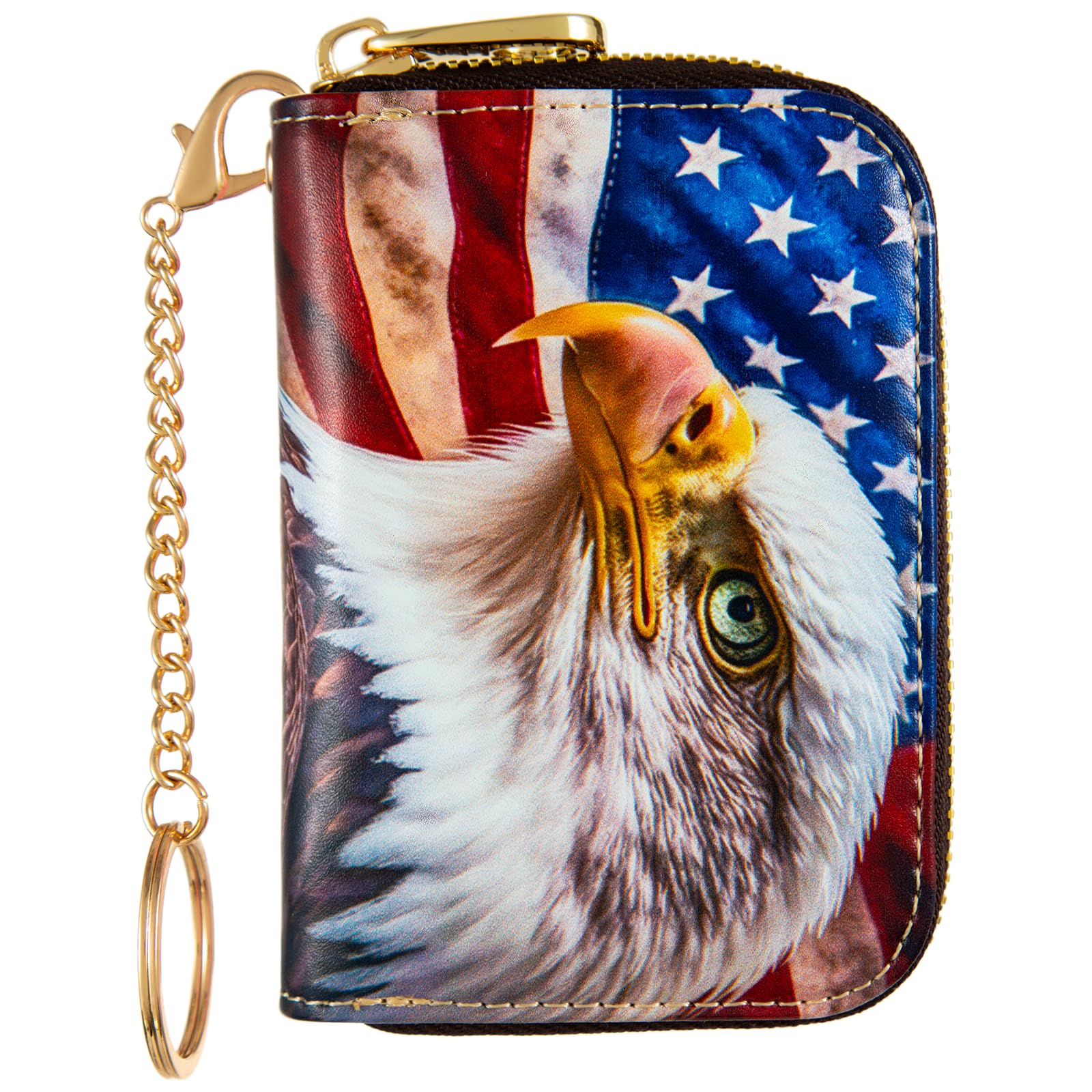 Credit Card Holder for Women, RFID Card Holder Wallet - Slim Leather Zipper Card Case - Ladies Small Keychain Wallets (Bald Eagle American Flag)
