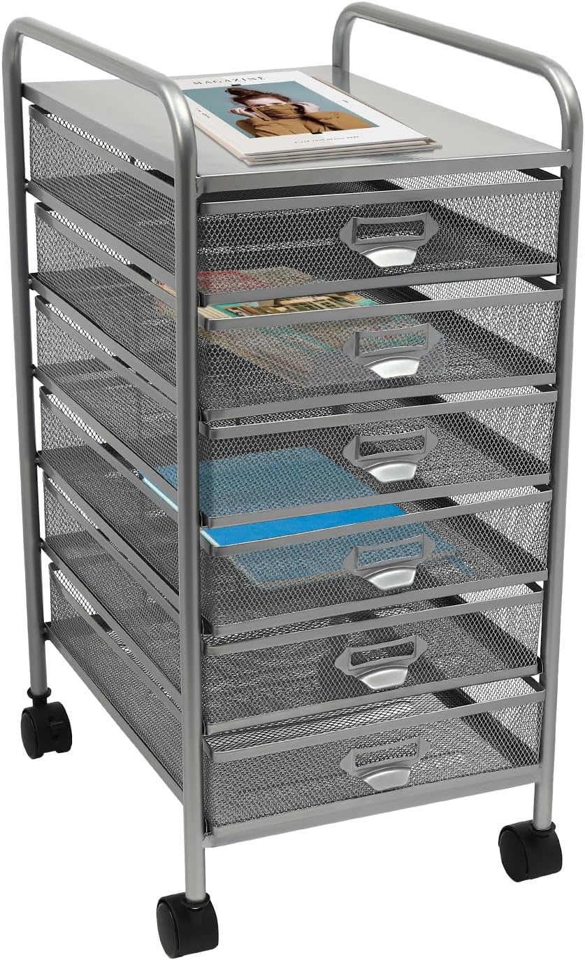 Rolling Mesh Storage Cart 6 Drawers File Cabinet Craft Cart Organizer with Wheels Metal Wire Drawers Slim Storage for Makeup, Kitchen, Utilities, Office Supplies, and Tools (Sliver, 6 Tiers) Sliver 6 Tiers