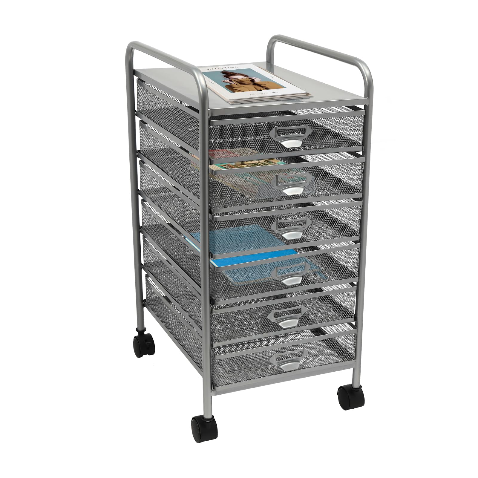 Archivador rodante con 5 o 6 cajones, Organizador de Manualidades con Ruedas, Almacenamiento Delgado para Maquillaje y Utensilios de Cocina (Plateado, 6 Niveles)