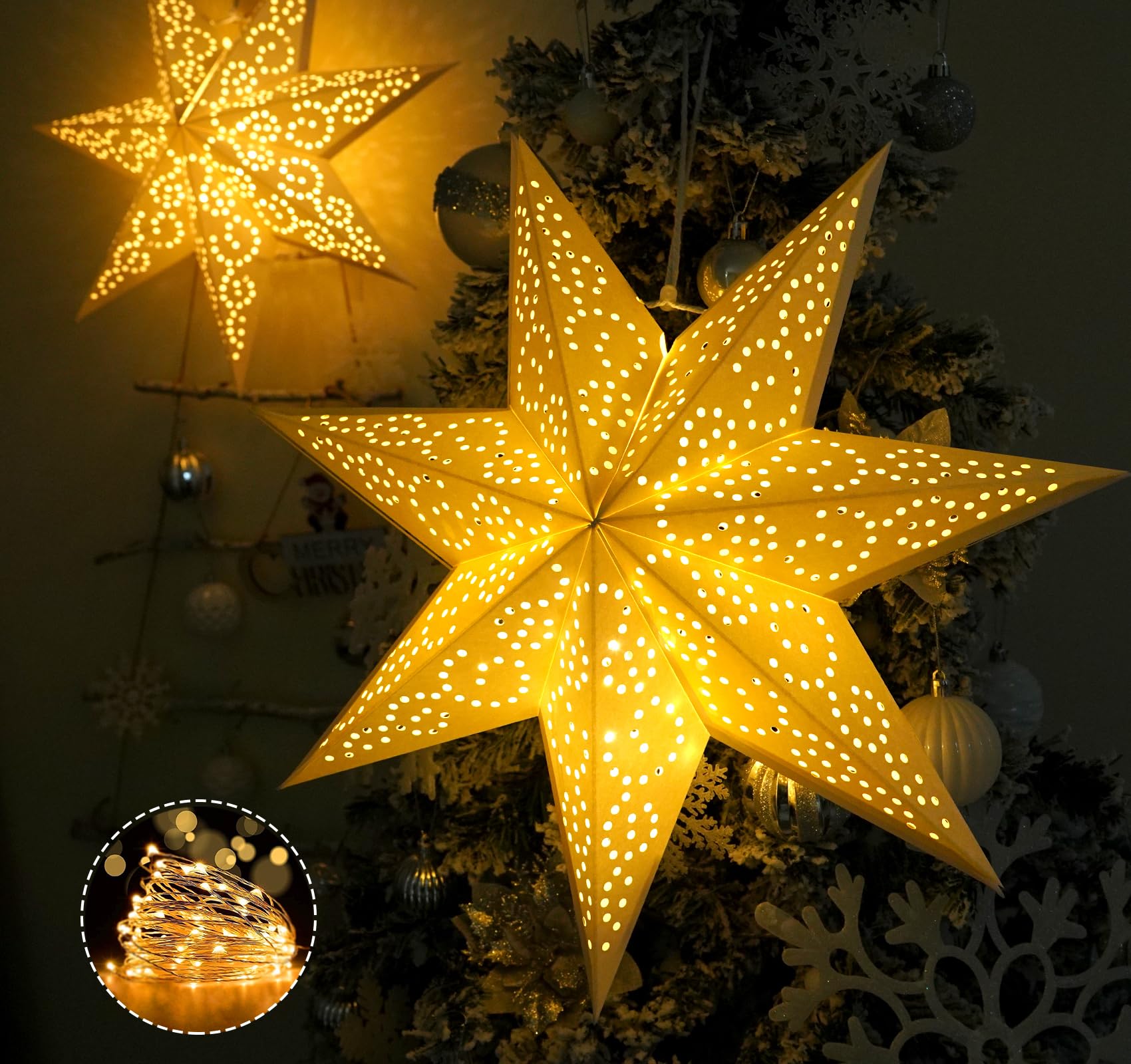 HOUISM 3Stück Weihnachtsstern Papierstern Lampenschirm Faltsterne 45cm 7-zackig Papier Faltsterne für Hochzeitsfeier Home Geburtstag Fensterdeko