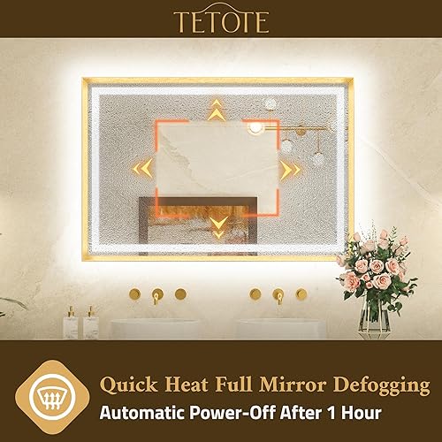Miniatura 4 de TETOTE Espejo LED de baño de 24 x 32 pulgadas, marco de metal dorado cepillado frontal y retroiluminado, espejo de tocador antiniebla, sin