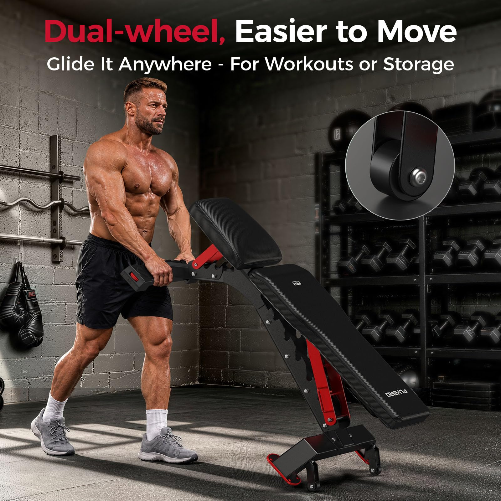 WB7 Weight Bench, 1300LBS Commercial Adjustable Weight Bench, Workout Bench for Home Gym, Flat Incline Bench Press Heavy Duty Bench with 34'' Extra-Long Backrest and Easy-Roll Wheels