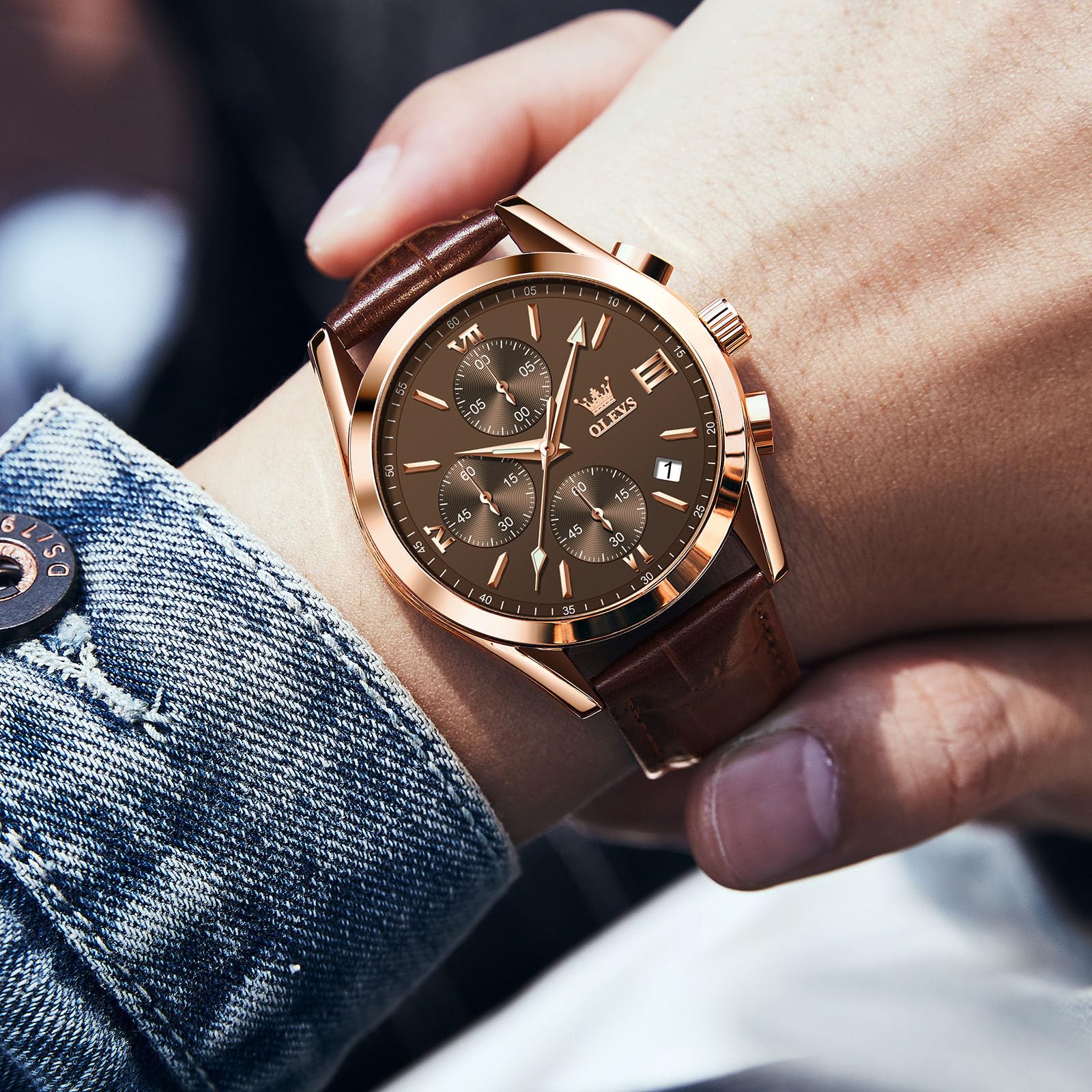 OLEVS Vintage Herrenuhren mit Lederarmband Großes Zifferblatt Armbanduhr Herren Wasserdicht Leuchtende Analog Kleid Uhren Herren mit Datumsanzeige