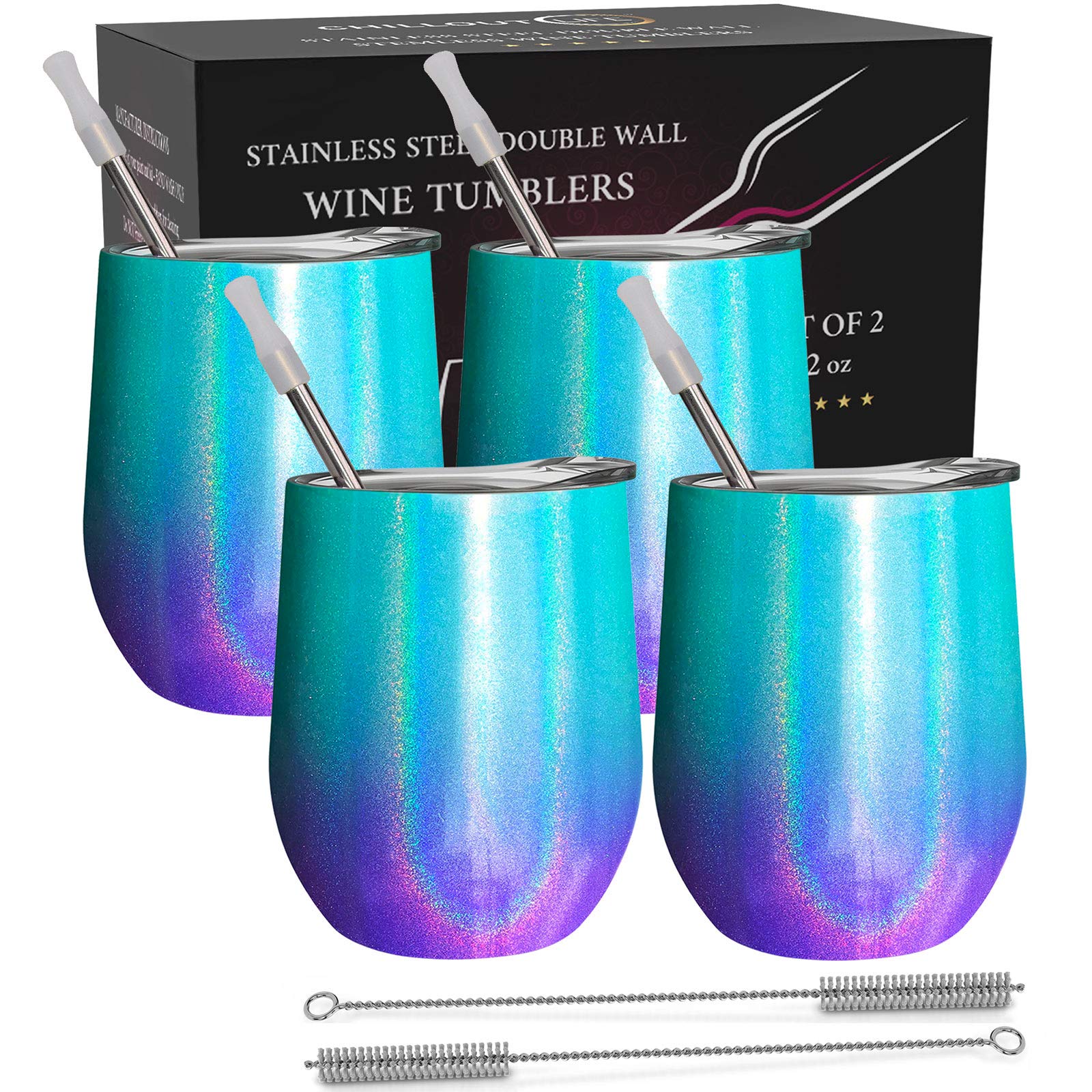 CHILLOUT LIFE Vasos de vino de acero inoxidable de 12 onzas, paquete de 4 vasos de vino aislados al vacío de doble pared con tapas y popotes que mantienen el frío y el calor para café, cerveza, helado