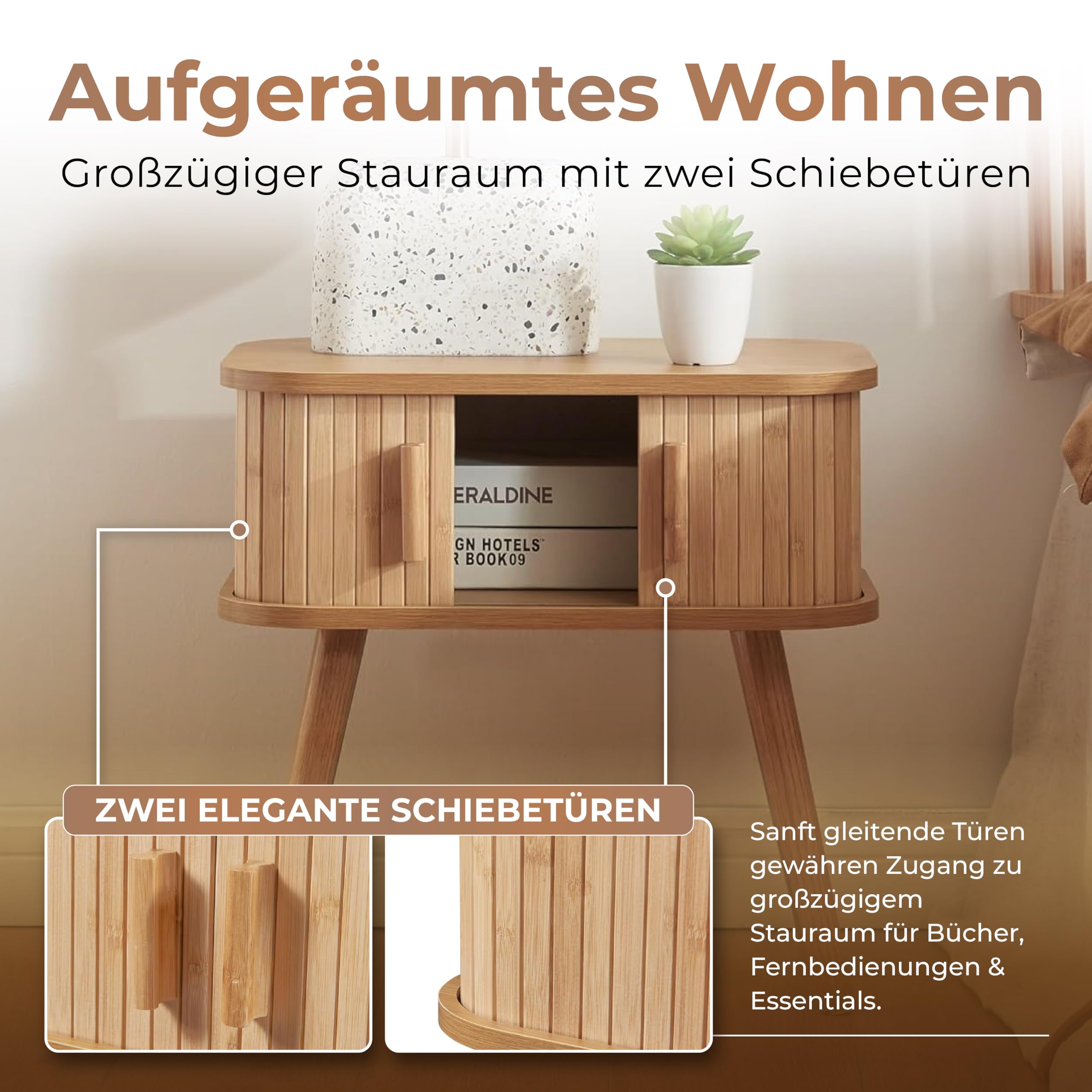 [en.casa] Nachttisch Nordkapp Beistelltisch mit 2 Schiebetüren Bambus Nachtschrank Sofatisch Holzbeine Nachtkästchen 48 x 30 x 45 cm