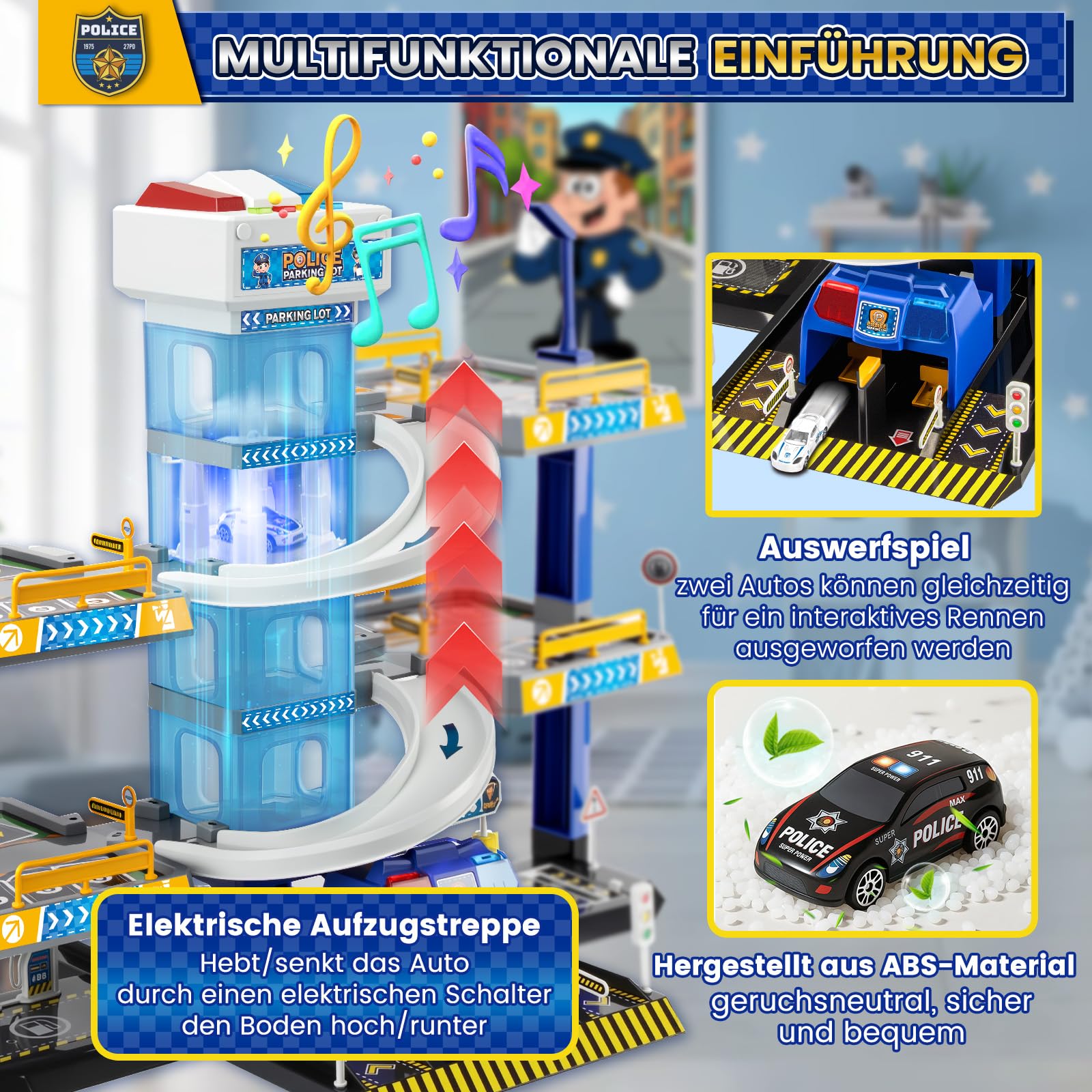 BuzzoXerex 5-stöckige Parkgarage für Kinder, Rennbahn mit 14 Spielzeugautos & 3 Hubschraubern, Parkhaus mit Aufzug, Autorennbahn & Licht‑Sound, Geschenk für Kinder 5–9 Jahre (Polizei)