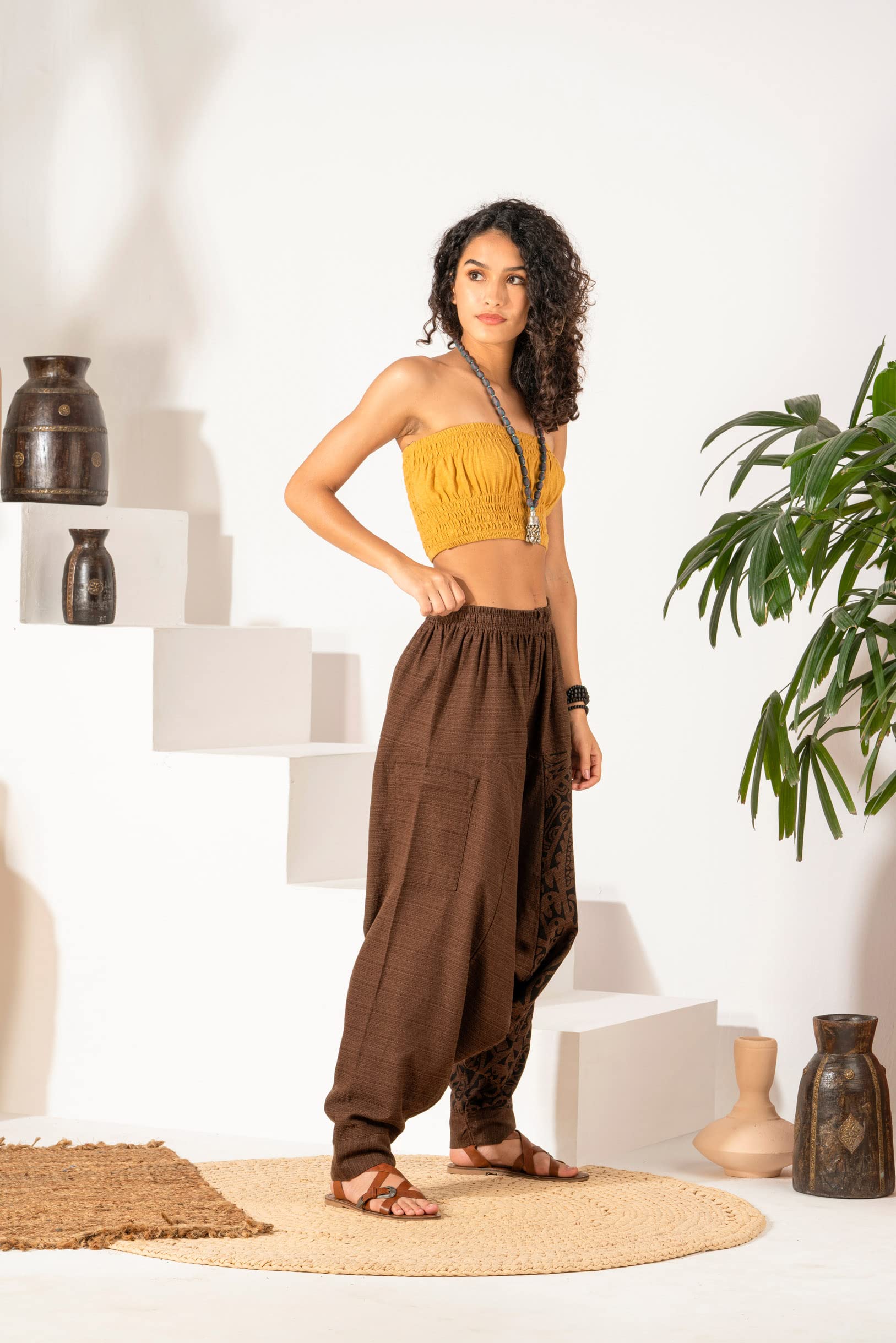 The Veshti Company Damskie spodnie haremki z nadrukiem - boho joga luźne spodnie z elastyczną talią i sznurkiem, spodnie hipisowskie