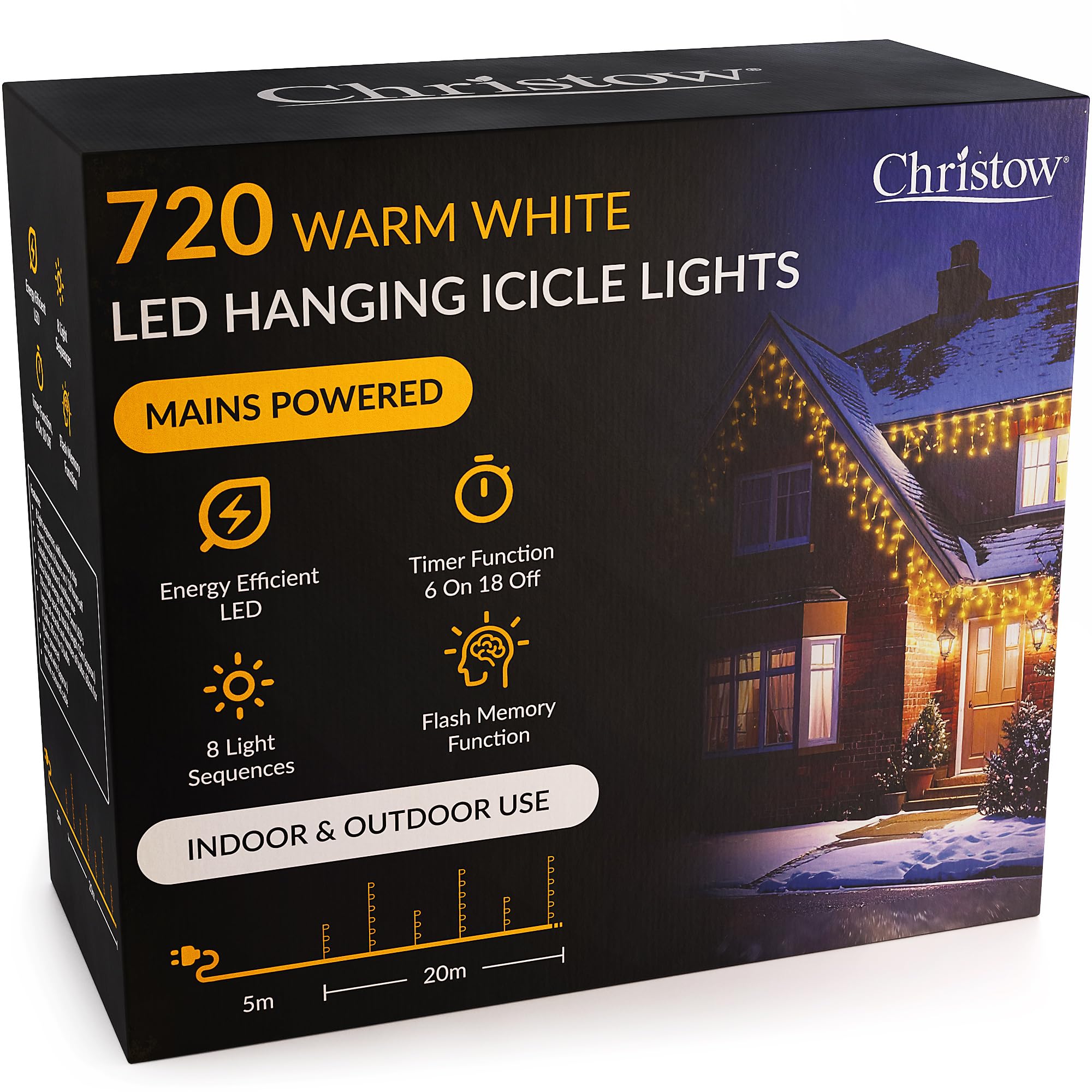 Christow Warm White Hanging Icicle Christmas Lights, 720 Led, 20M Lit Length, Indoor & Outdoor, Mains Powered With Timer, 8 Flash Lighting Modes With Memory, Fairy String Light Xmas Decorations