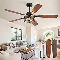 Fanbulous 52 Inch Farmhouse Ceiling Fan with Lights & Remote - Black Caged Industrial Flush Mount, 6-Speed Reversible DC Motor, Dual Finish Blades for Bedroom Living Room