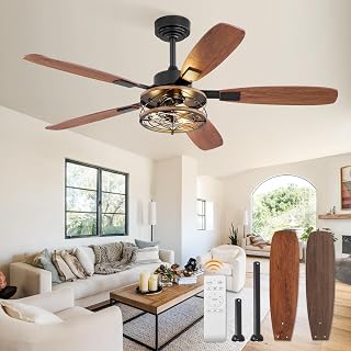 52 Inch Farmhouse Ceiling Fan with Light & Remote - Black Industrial Caged, Quiet Reversible DC Motor, 6 Speeds for Bedroom & Living Room