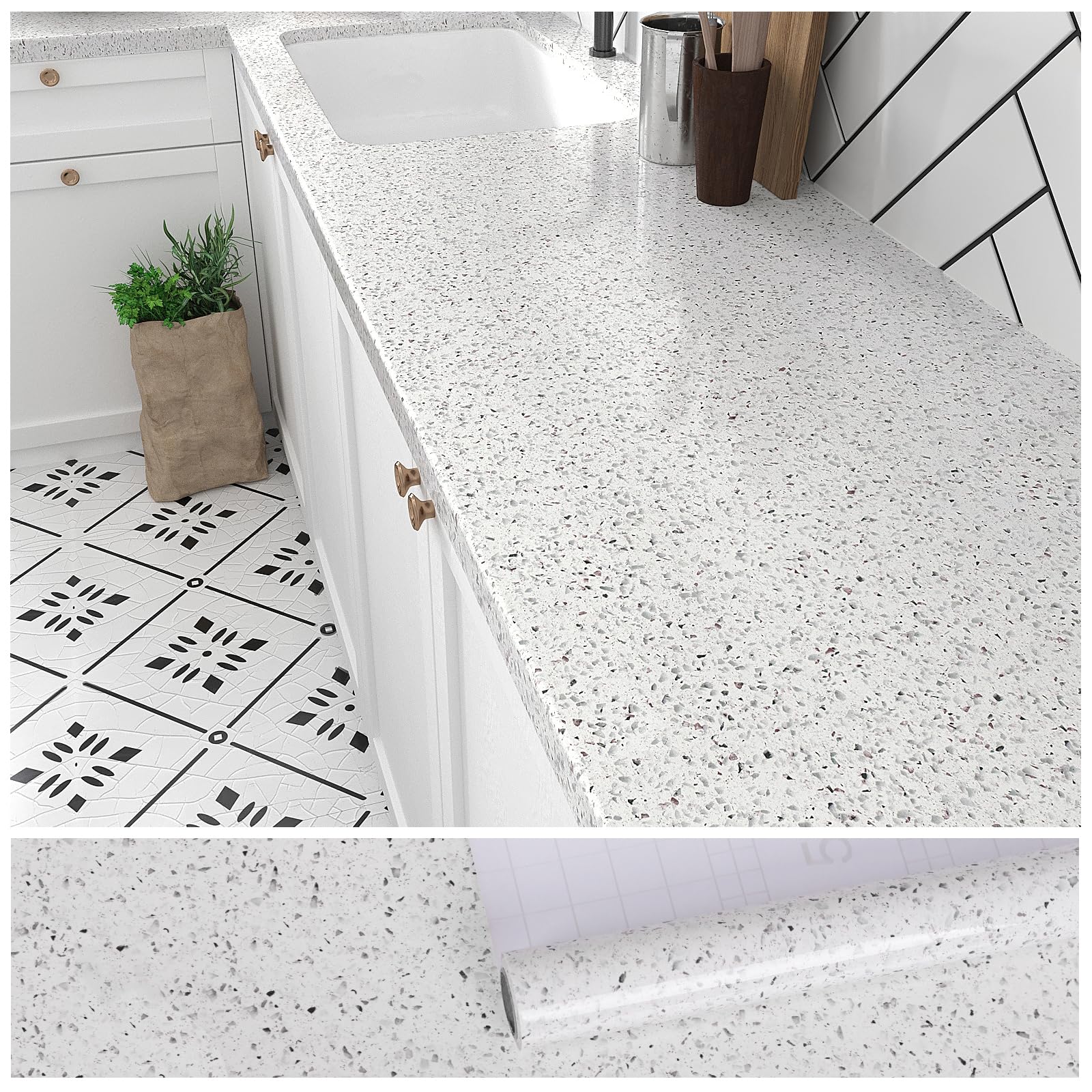 VEELIKE Selbstklebend Tapete Granit Weiß Klebefolie Arbeitsplatte Küche Abwaschbare Tapete Badezimmer 40cm x 300cm Klebefolie Terrazzo Weiß Grau Selbstklebende Folie Küchenrückwand Tischfolie