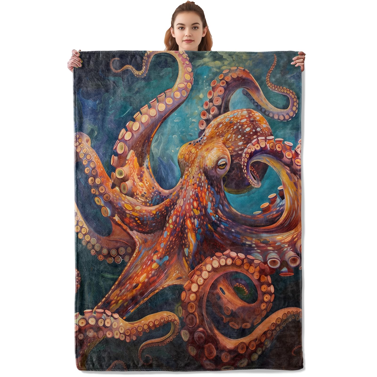Kibue Colorful Octopus Blanket - Lightweight, Soft & Cozy Flannel Plush Throw Blanket for Travel, Sofa, Bedroom, Office - Warm Decor for Adults Kids