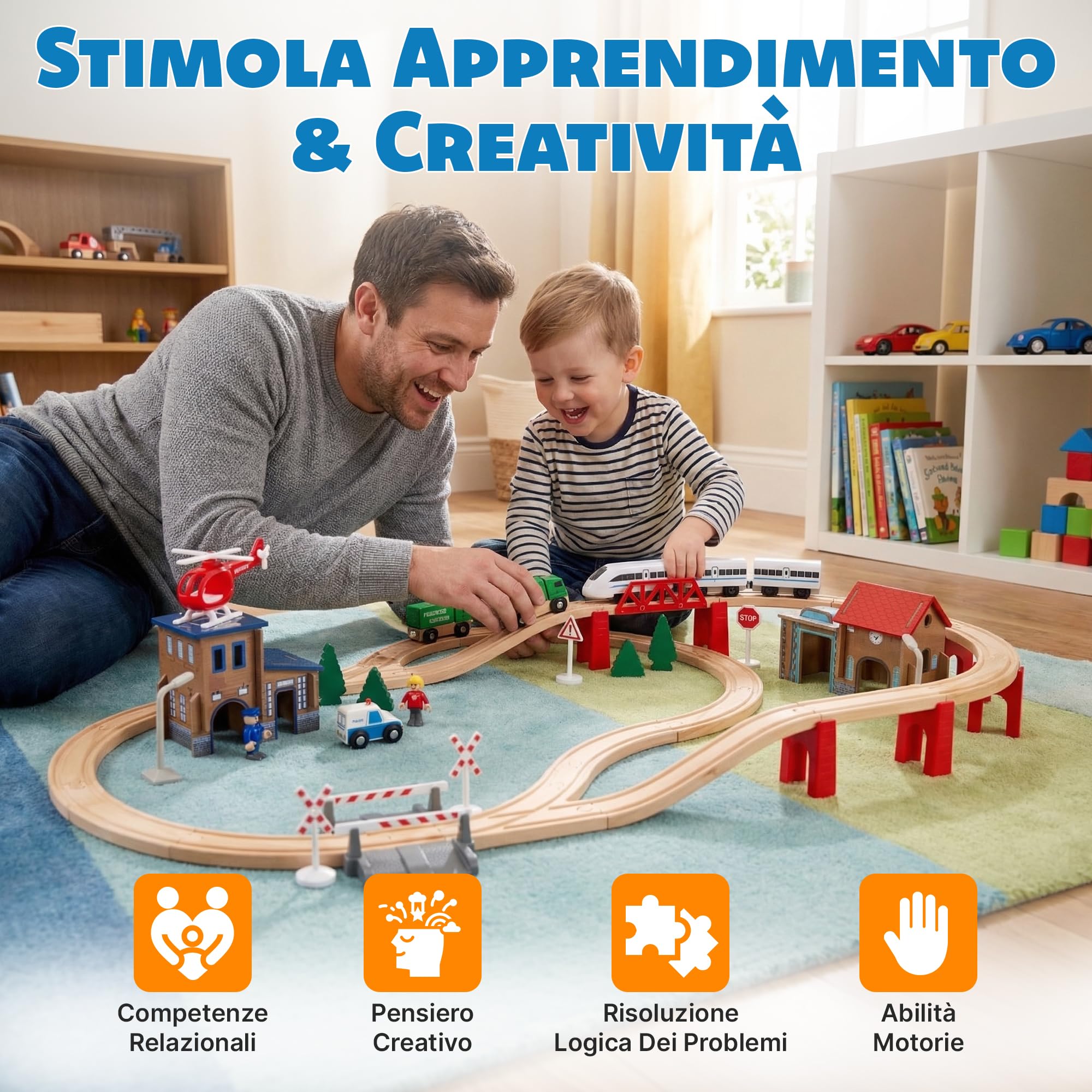 Green Series Pista Treno in Legno con Treno a Batteria – Set Stazione di Polizia 80 Pezzi – Compatibile con IKEA – Per Bambini 3+ – Tracciato 100x67 cm, 378 cm