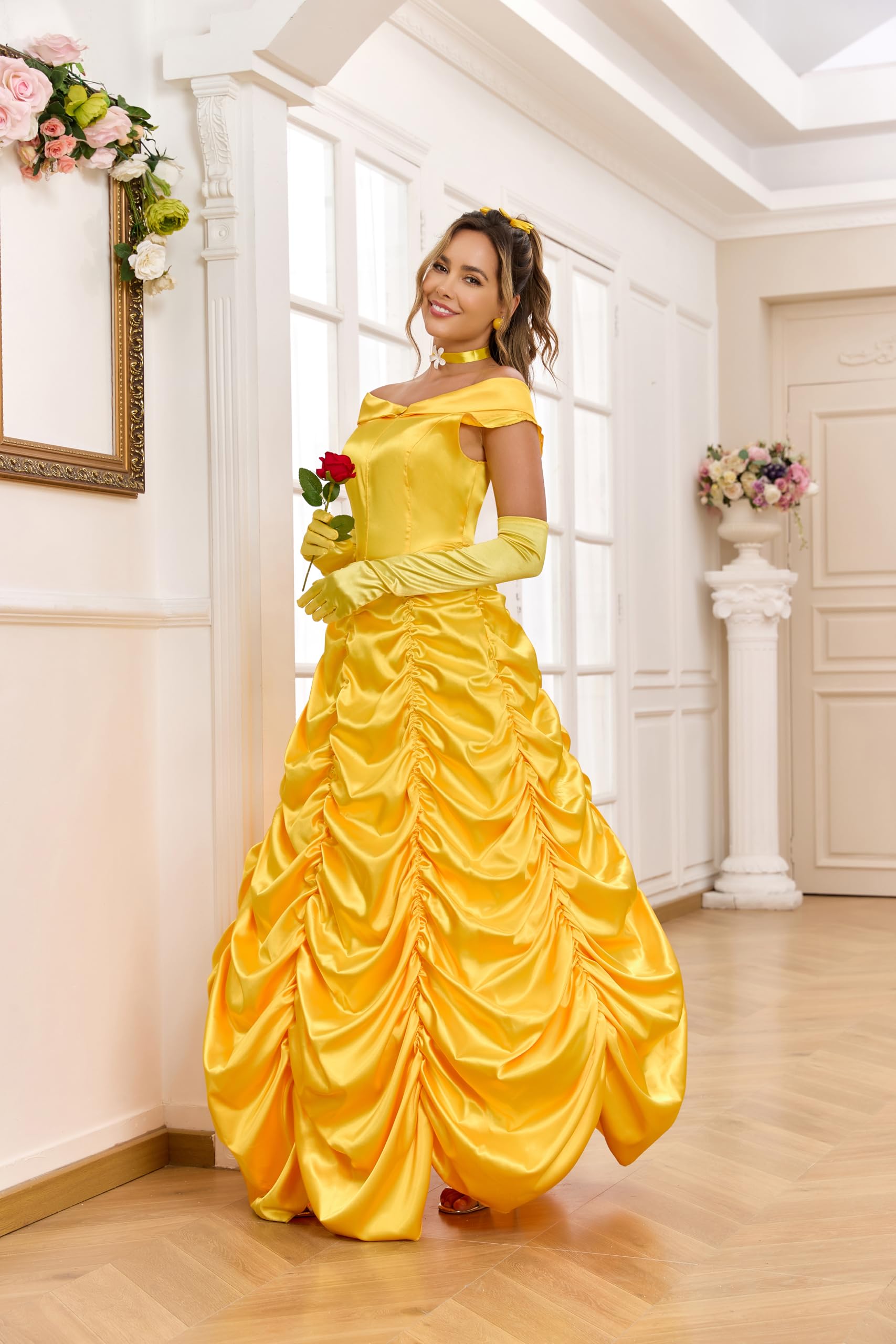 AYYOHON Princess Belle Costume Women Beauty Fairytale Long Dress Gown Off Shoulder Yellow Party Dress Red Rose Earrings Set XS - Image 4