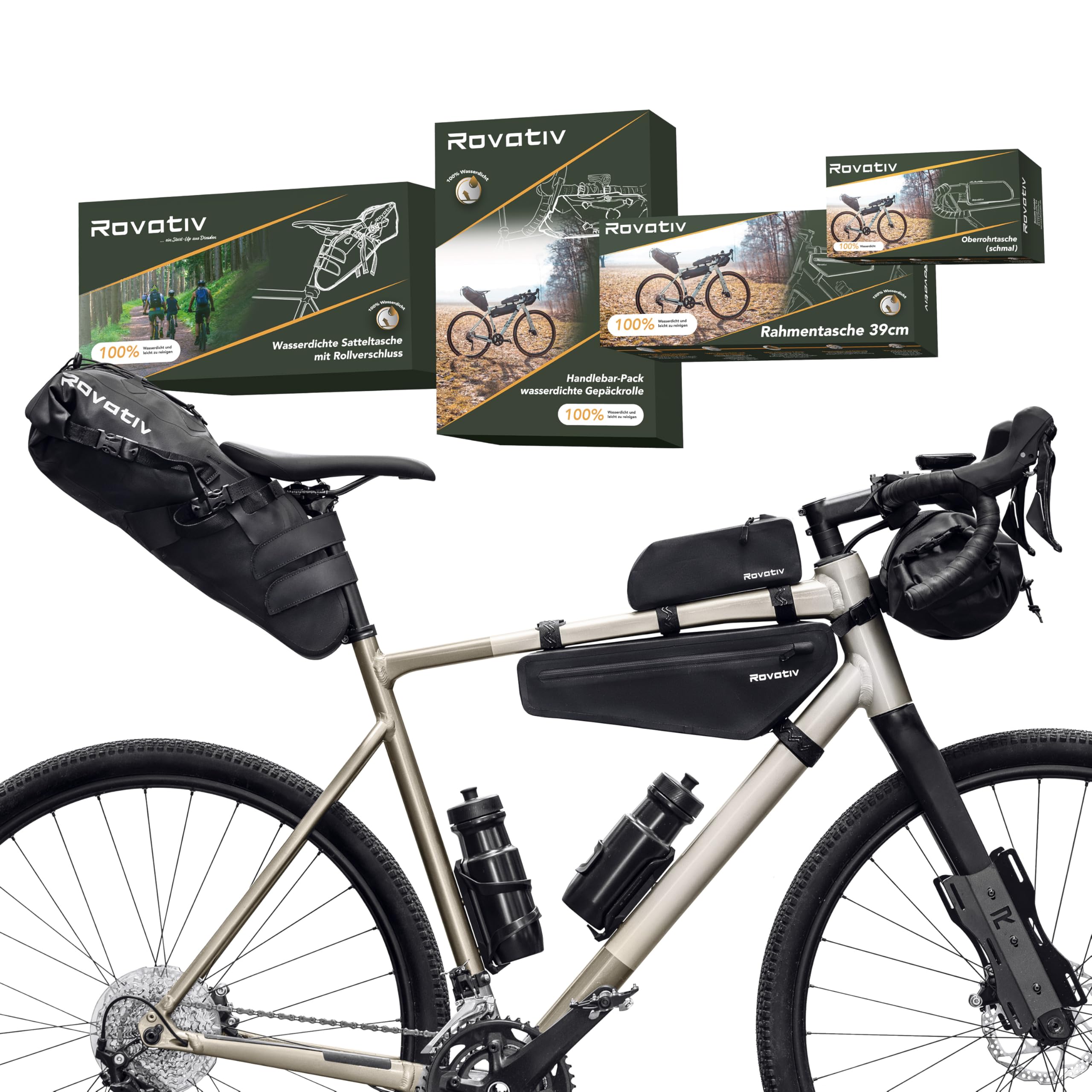 Rovativ® Bikepacking Basis-Set [22,5L] Oberrohrtasche, Satteltasche, Rahmentasche und Lenkerrolle fürs Fahrrad - 100% Wasserdicht - Für Gravelbike, Rennrad und MTB