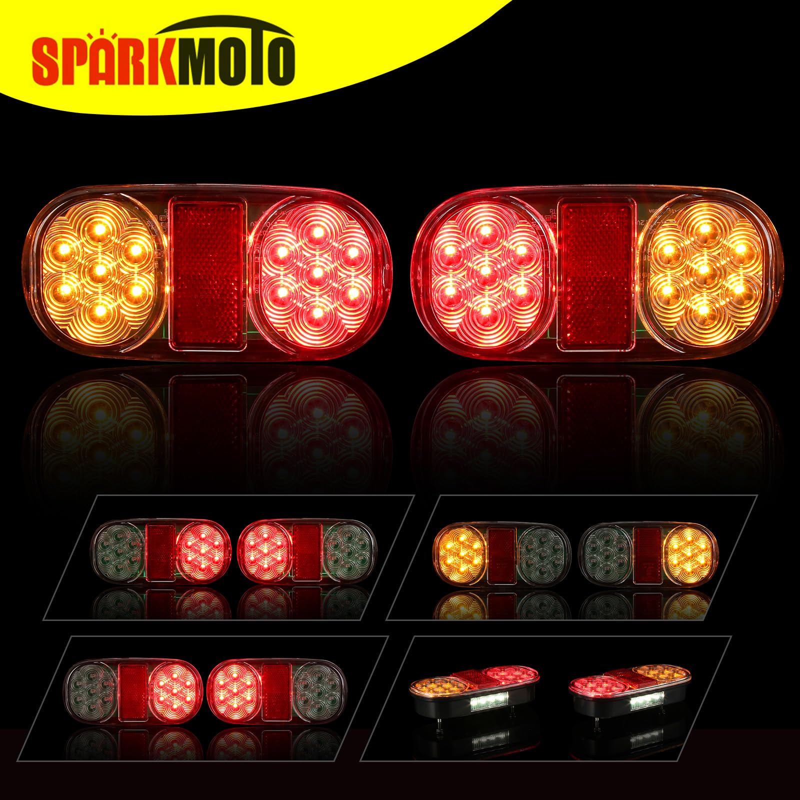 2 x tylne światła LED do przyczepy, 12 V, 5 funkcji LED, światła tylne, ze światłami hamowania, kierunkowskazami, światłami pozycyjnymi, oświetleniem tablicy rejestracyjnej, reflektorem