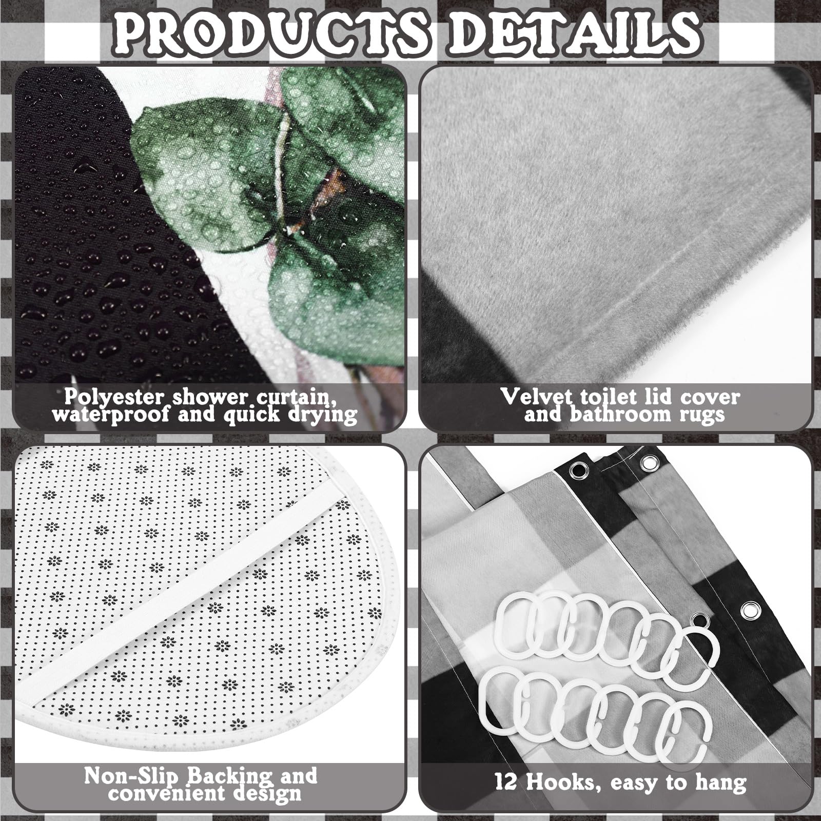 FuWeave Duschvorhang-Sets mit grünem Eukalyptus, für Badezimmer, Dekoration, Zuhause, rustikales kariertes Badezimmer-Zubehör, schwarz-weiß, Duschvorhang-Sets mit Handtüchern, Teppich, Badematte,