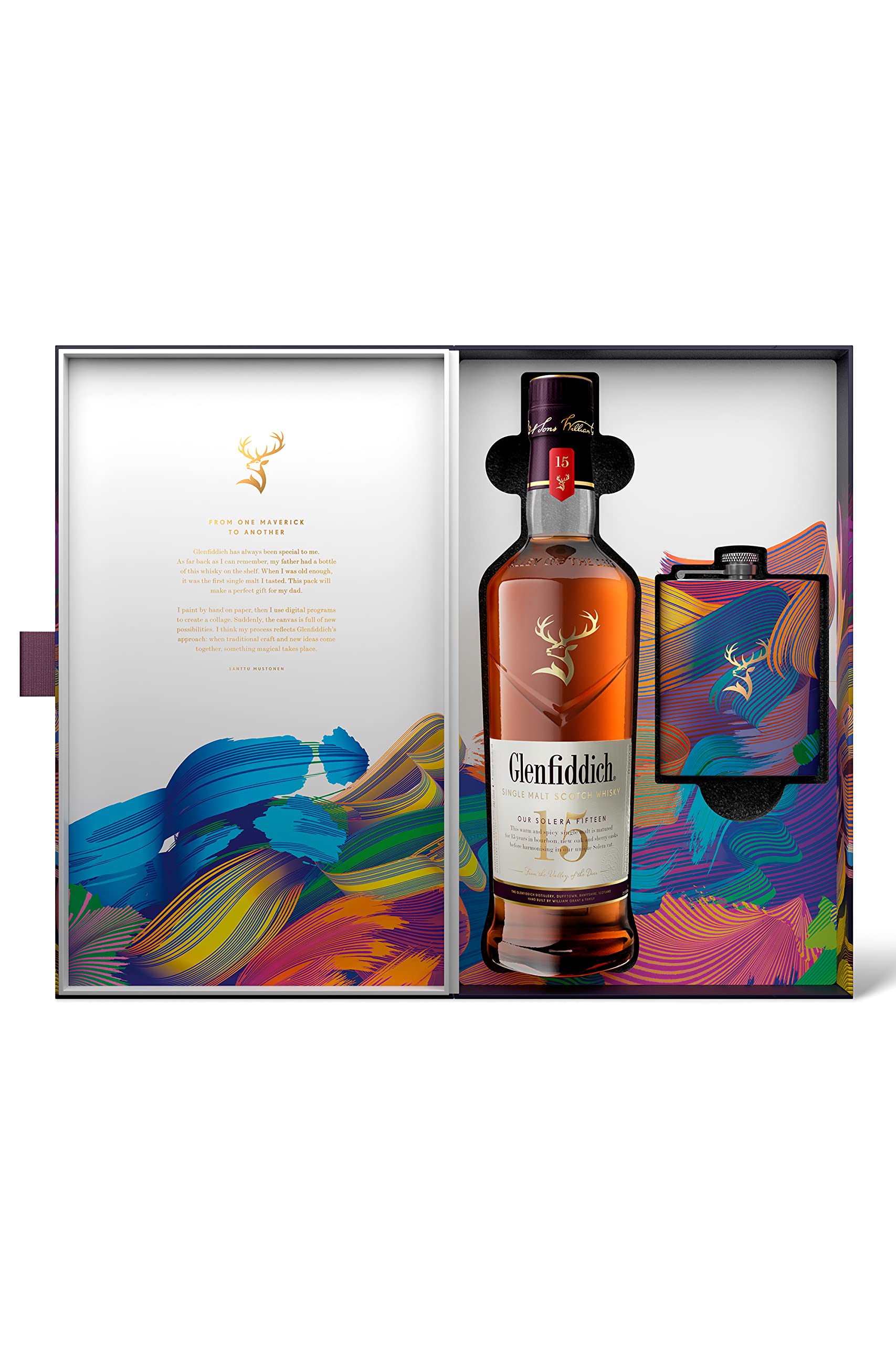 Glenfiddich 15 Jahre Single Malt Scotch Whisky Santtu Geschenkset mit Flachmann, 70cl
