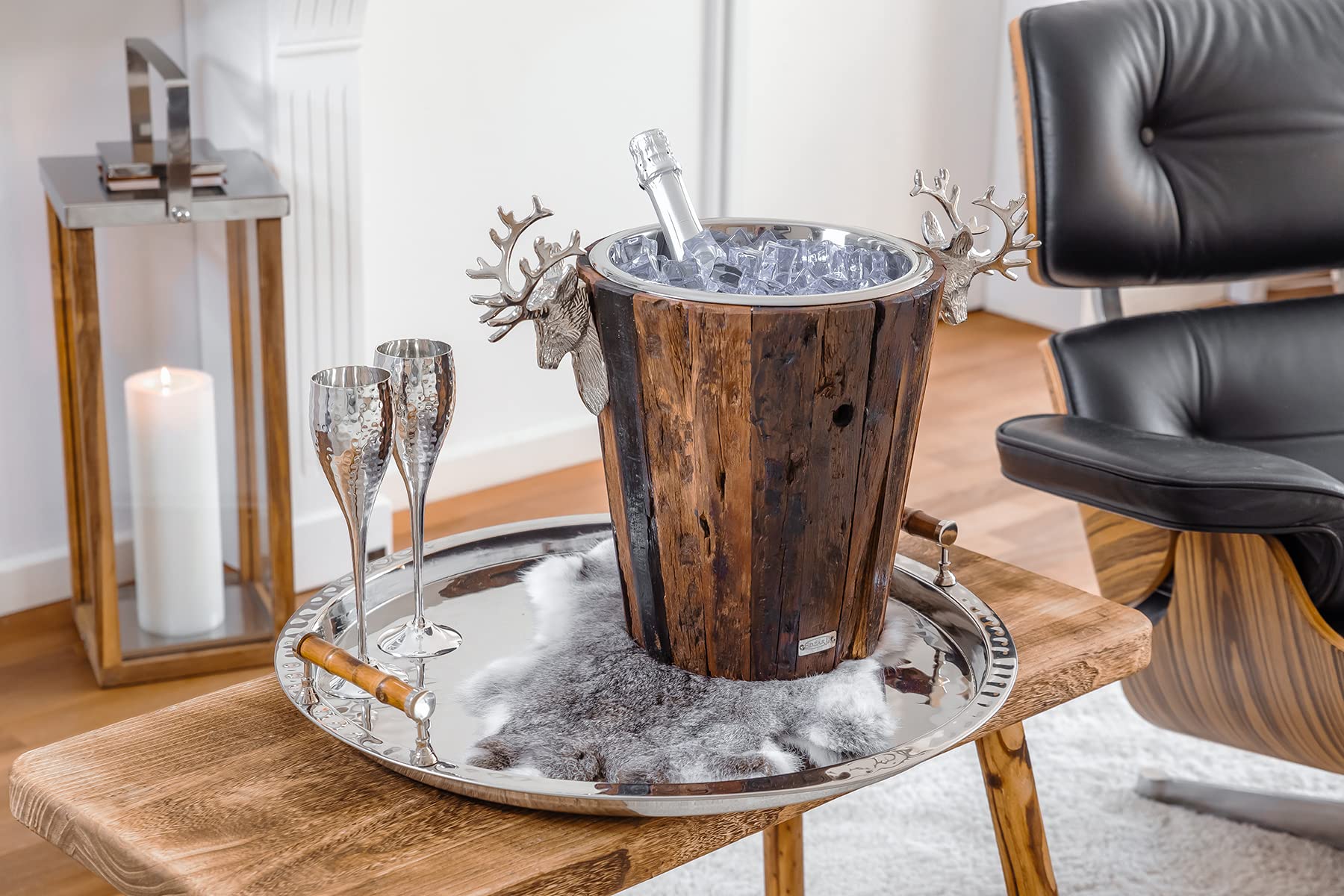 EDZARD Enfriador de Botellas Milwaukee, Altura 29 cm, Madera, con inserción de Acero Inoxidable, Asas con diseño de Cabeza de Ciervo, Enfriador de champán, Enfriador de Vino