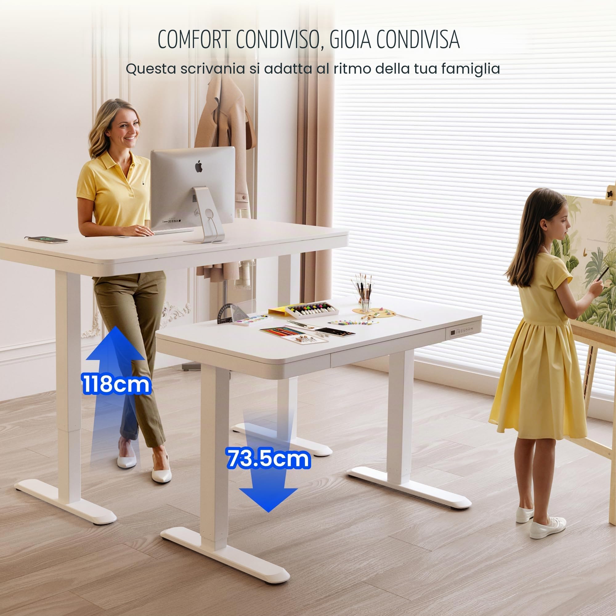 FLEXISPOT Scrivania elettrica regolabile in altezza con indicatore LED di altezza, funzione Memory e USB, scrivania elettrica con cassetto per ufficio domestico 140 x 70 cm (Bianco elegante)