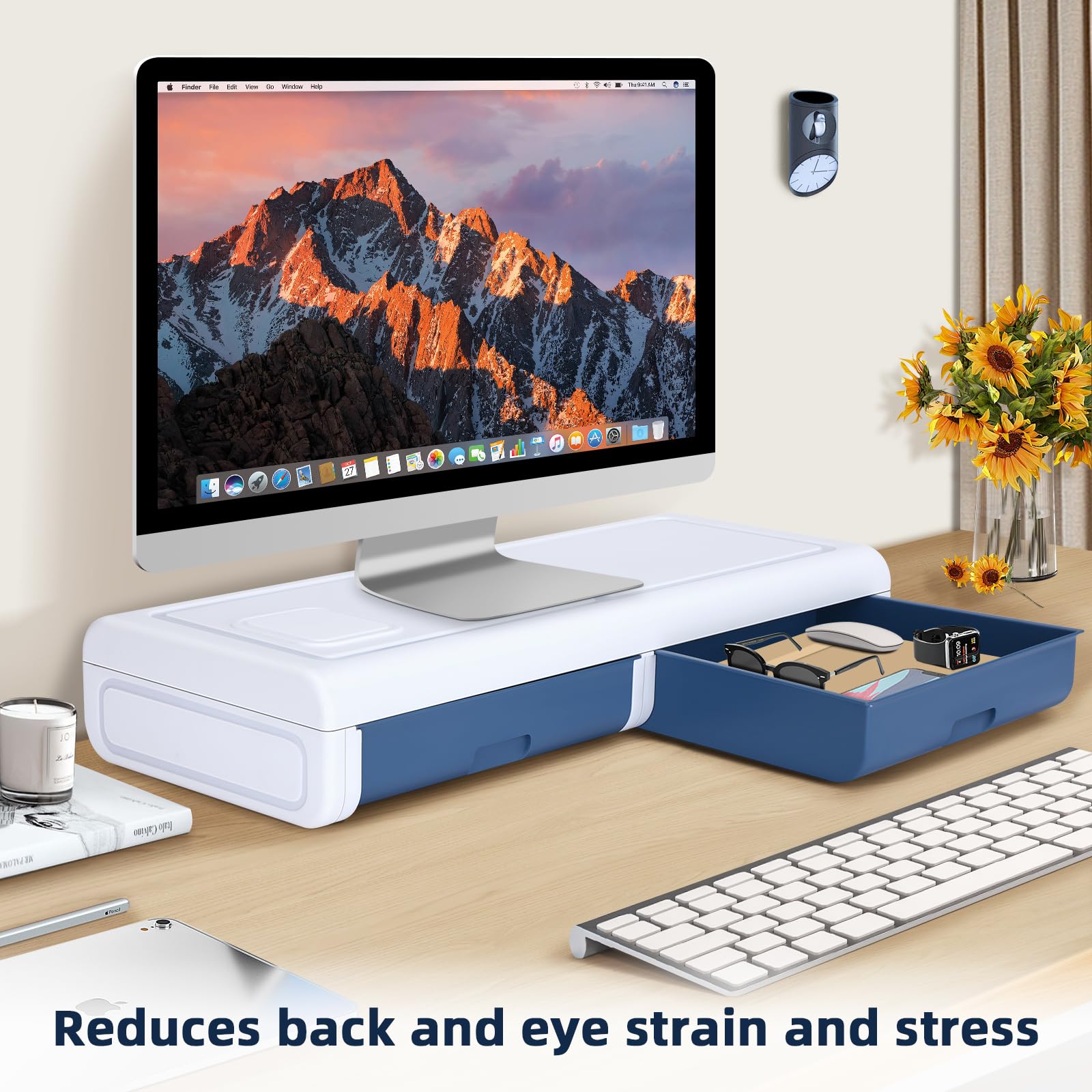 YGYQZ Desktop Monitor Riser Stand, Monitor Mount Office Desk Organizer with 2 Drawers for Laptop, PC, Printer, Computer