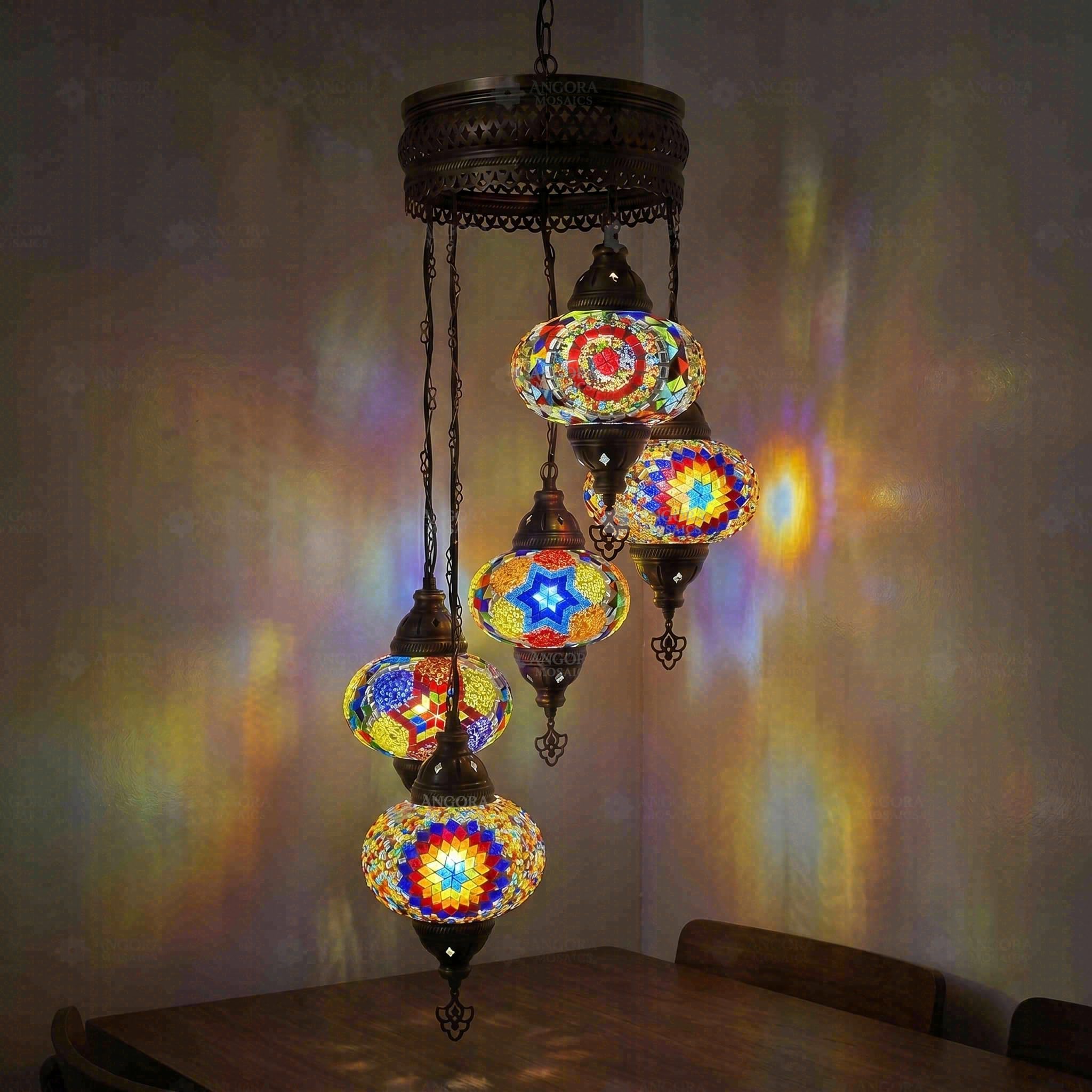 Multicolor Hanging Turkish Mosaic Lamp - Handmade 5-Globe Chandelier - Bohemian Star Pattern - Moroccan Ceiling Pendant Light